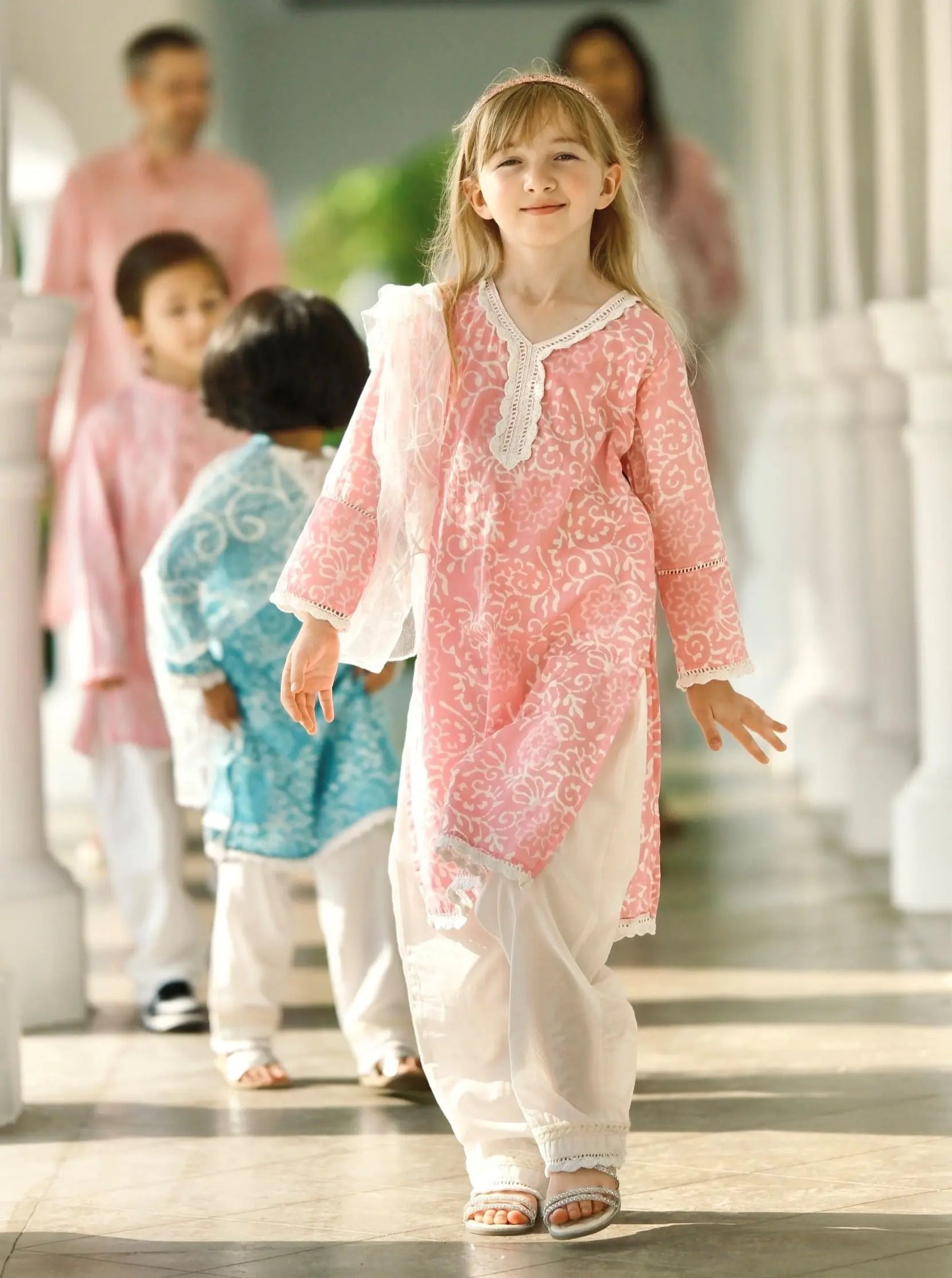 'Meher' Girls Pink Kurti, Pants with Lace Work and Embroidered White Net Scarf Set Nimbu