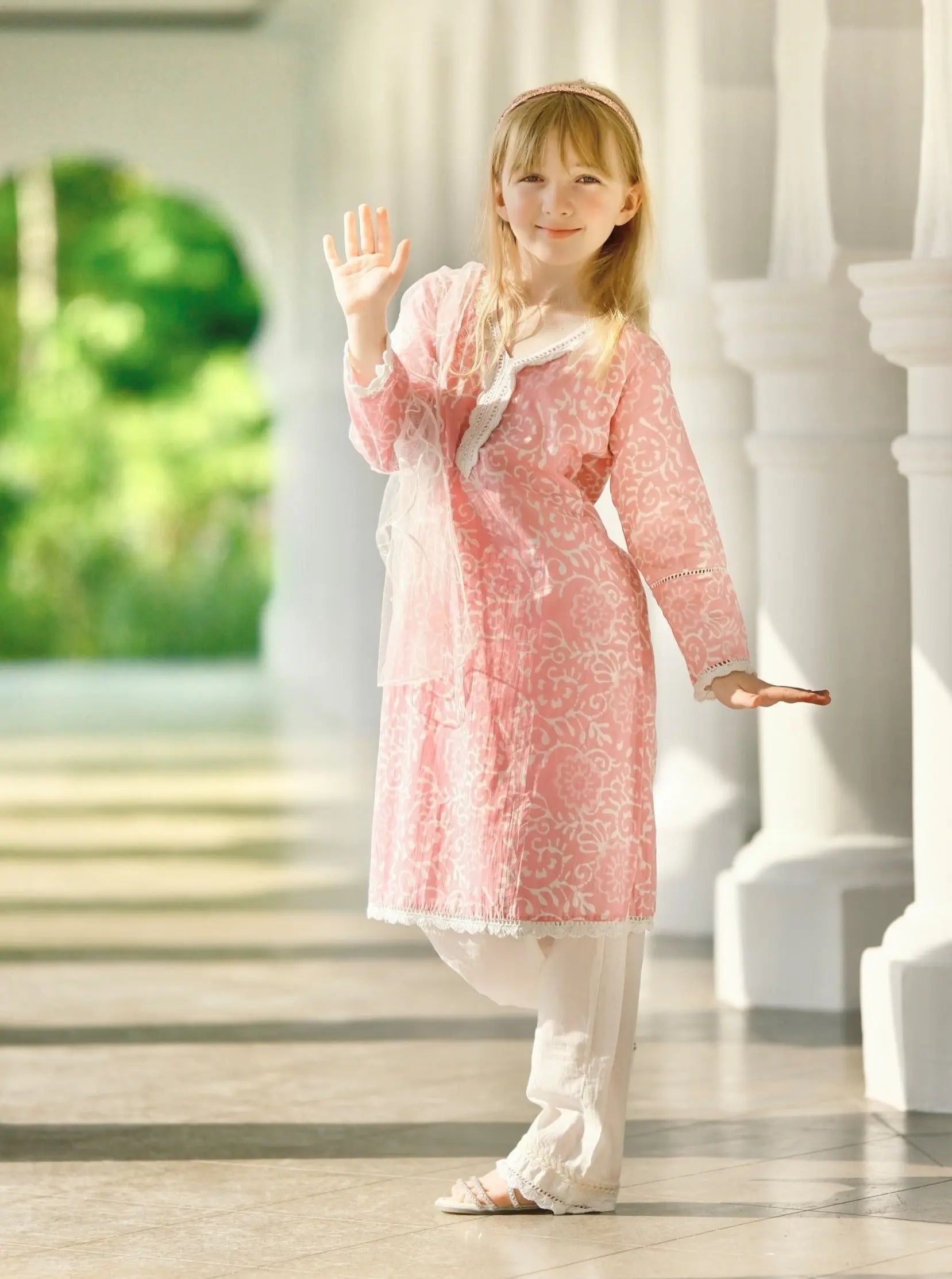 'Meher' Girls Pink Kurti, Pants with Lace Work and Embroidered White Net Scarf Set Nimbu