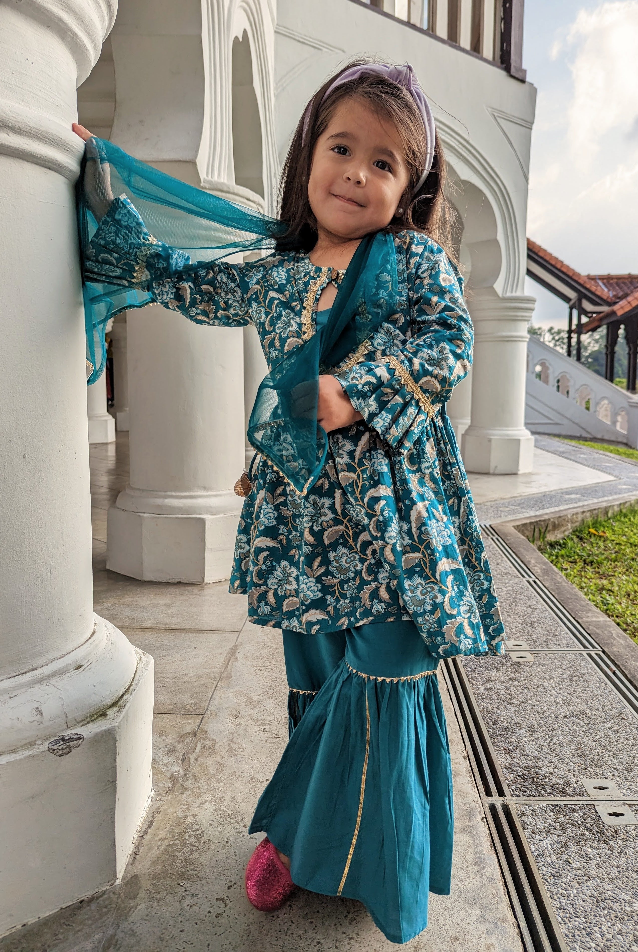 'Naaz' Sharara Set for girls in Teal Blue Nimbu Singapore