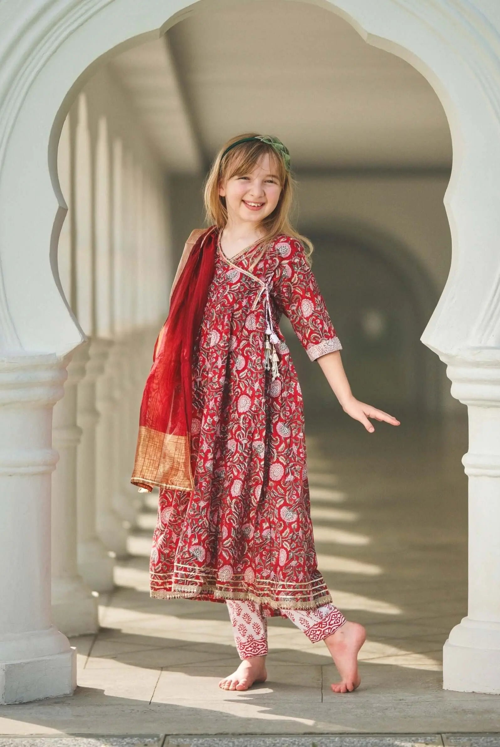 Jashn Anarkali Girls Kurti Dress with Matching Cotton Pants & Dupatta Nimbu
