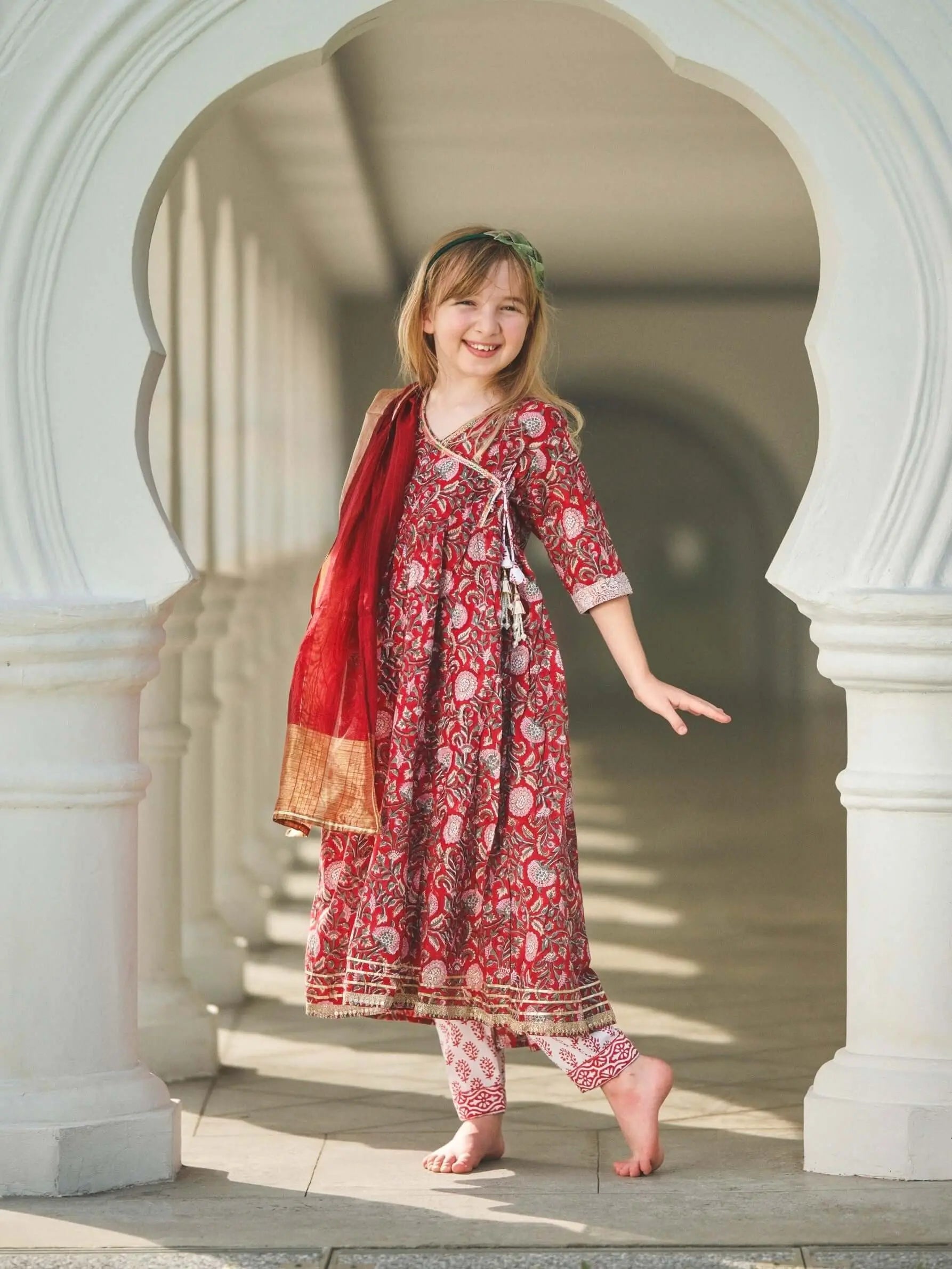Jashn Anarkali Girls Kurti Dress with Matching Cotton Pants & Dupatta Nimbu