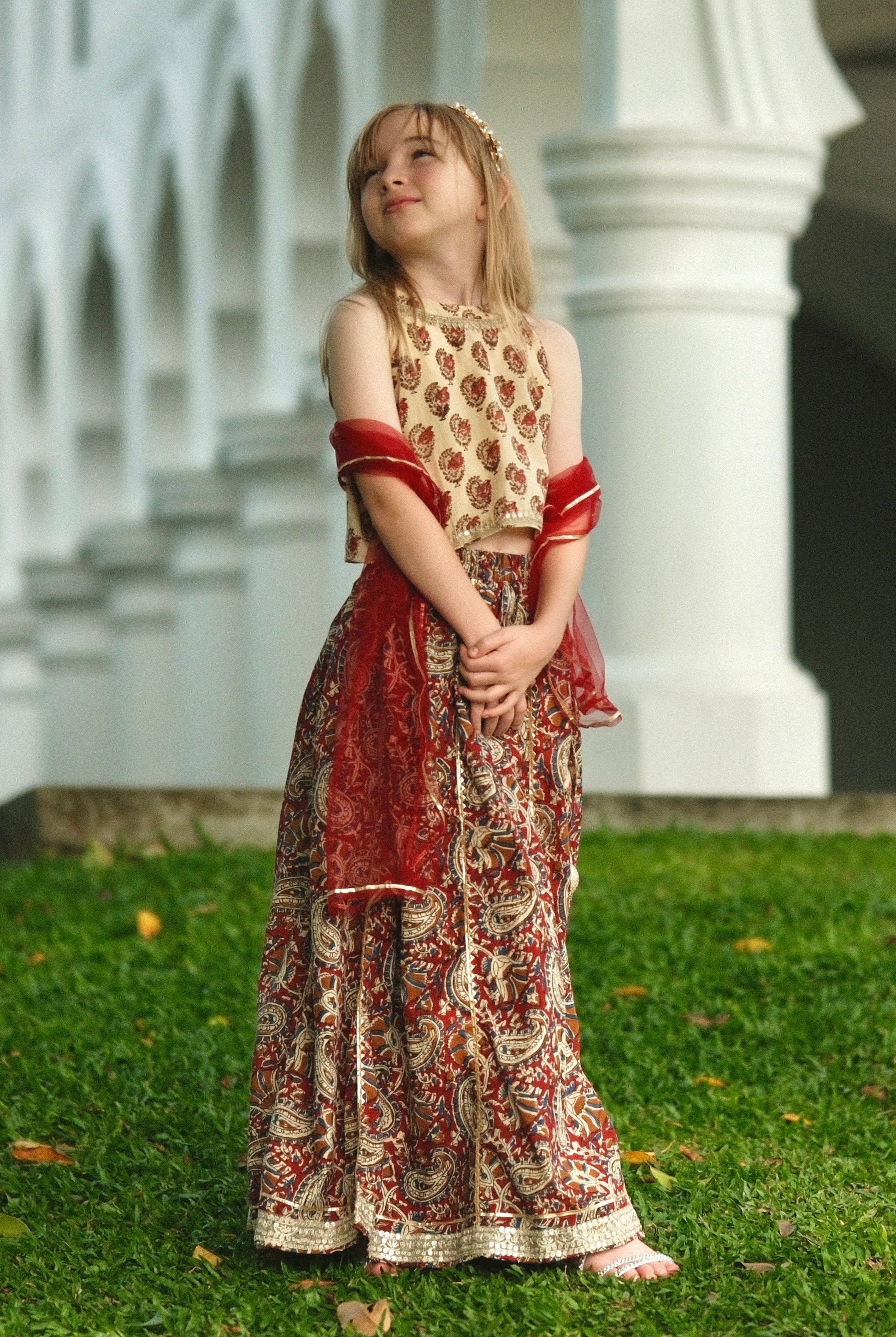 Nazara Girls Handblock Maroon & Beige Halter Lehenga Choli with Dupatta