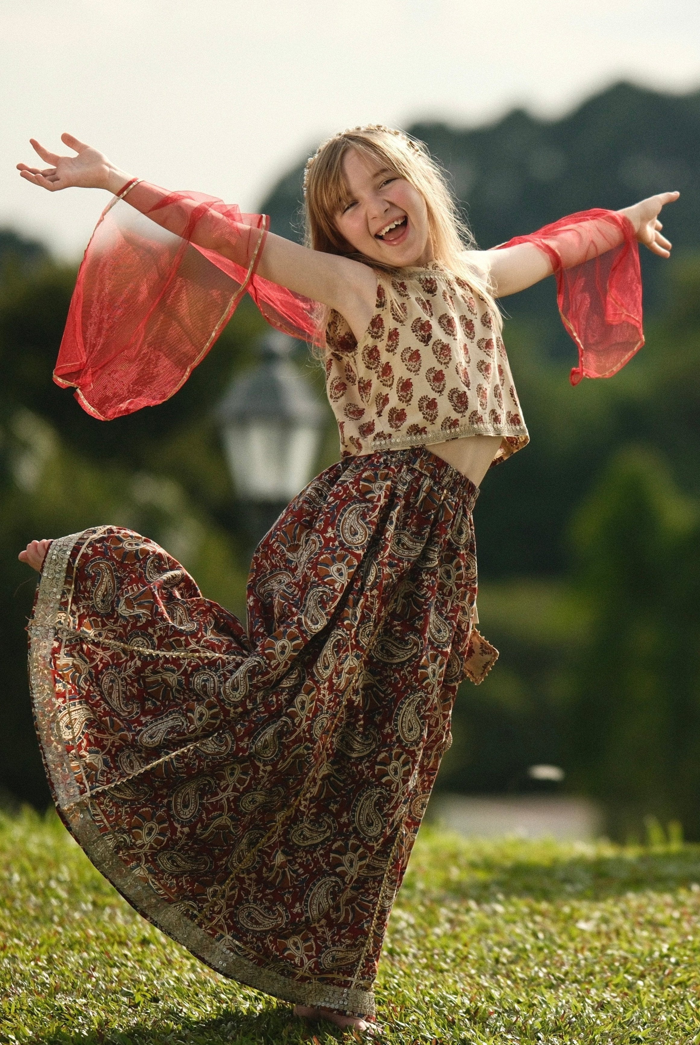 Nazara Girls Handblock Maroon & Beige Halter Lehenga Choli with Dupatta
