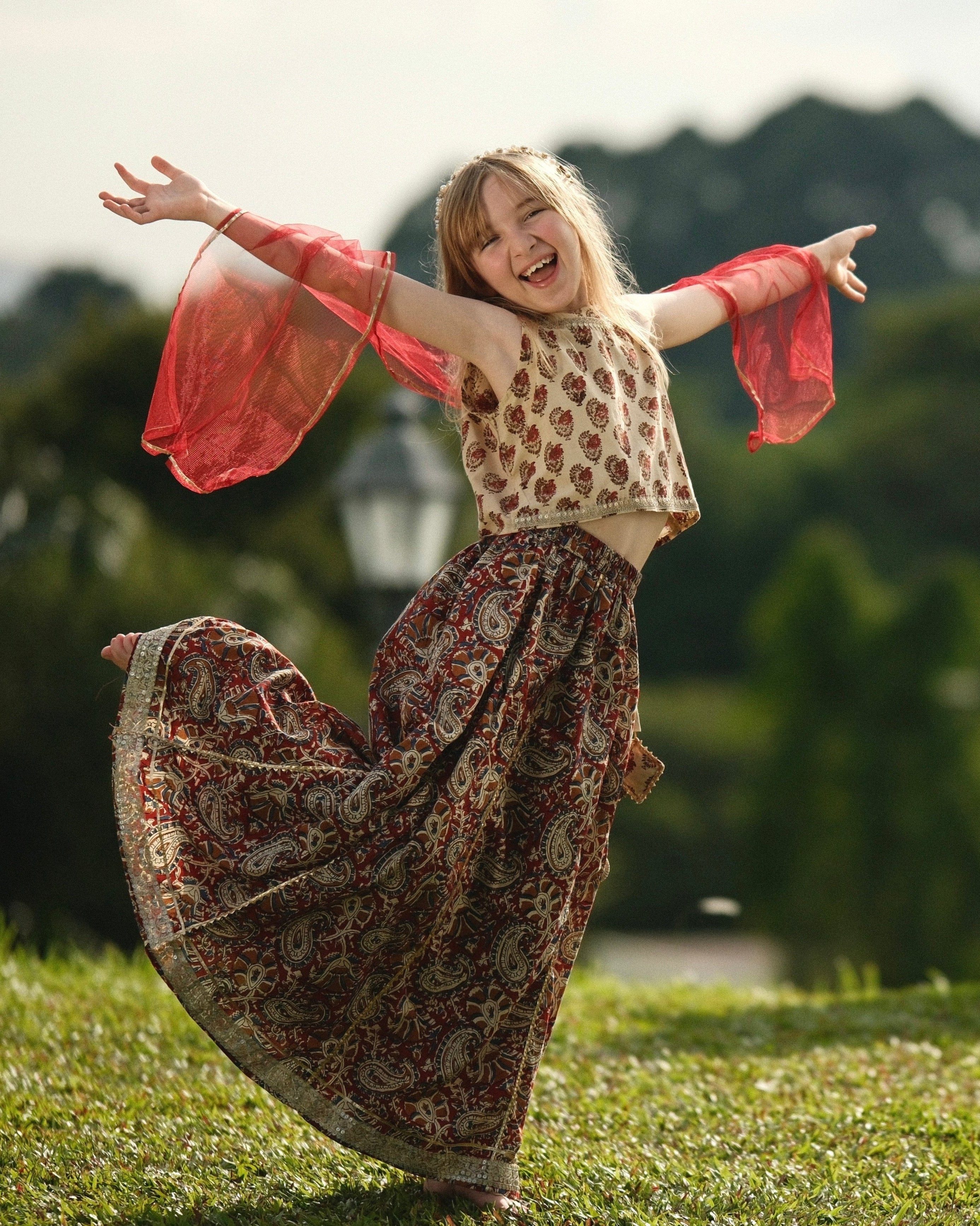 Nazara Girls Handblock Maroon & Beige Halter Lehenga Choli with Dupatta