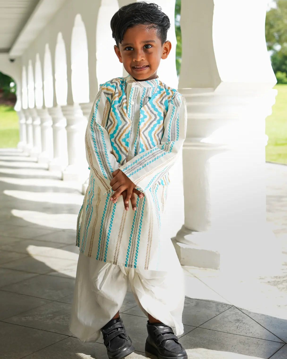 Gul Blue Boys Kurta Dhoti Jacket in Cotton Nimbu