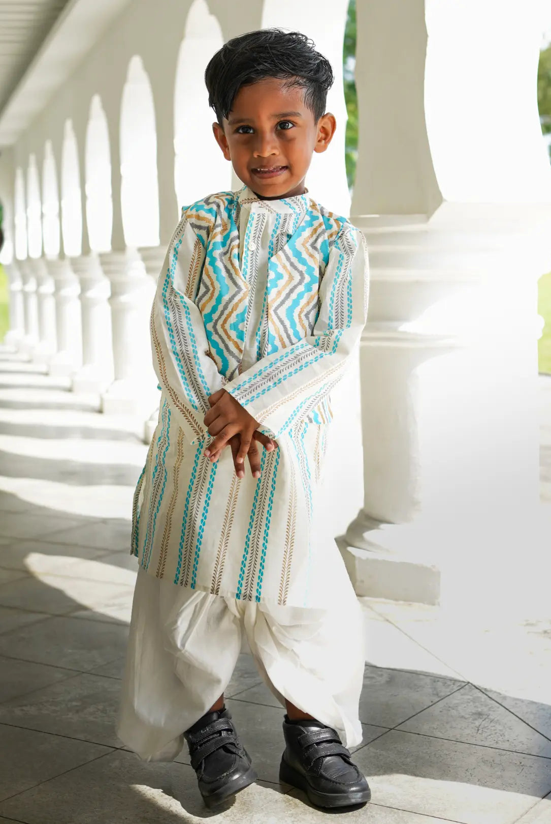 Gul Blue Boys Kurta Dhoti Jacket in Cotton Nimbu