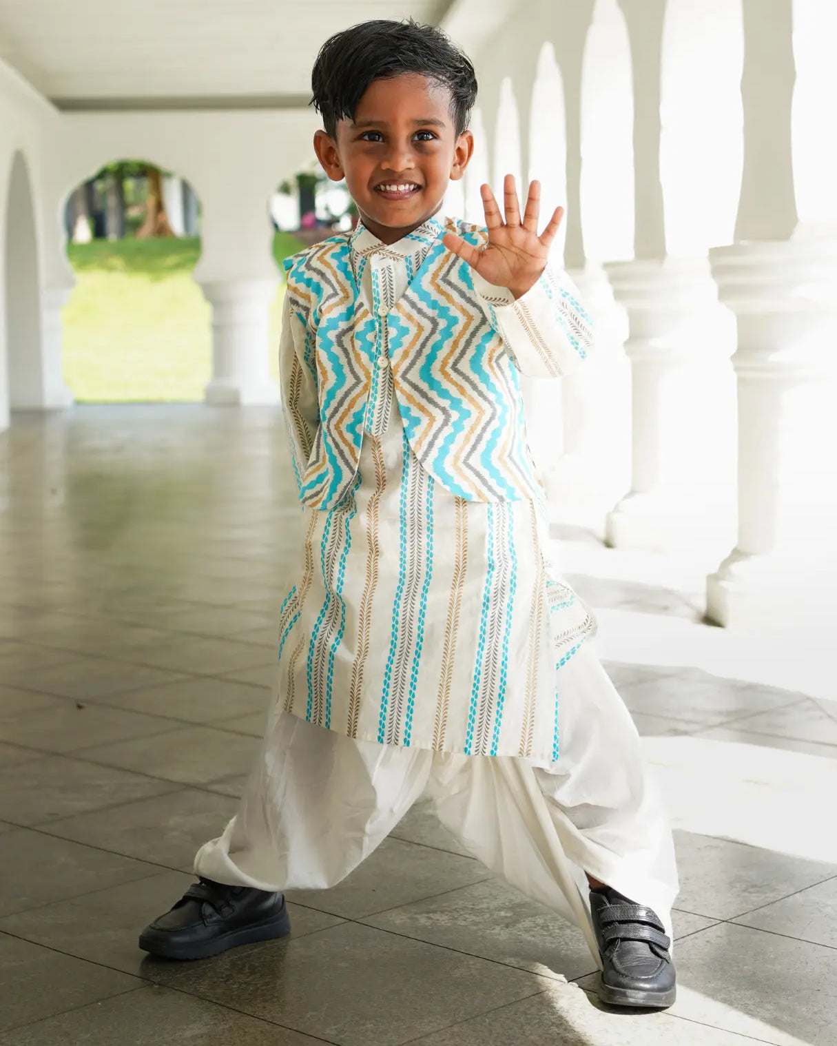 Gul Blue Boys Kurta Dhoti Jacket in Cotton Nimbu