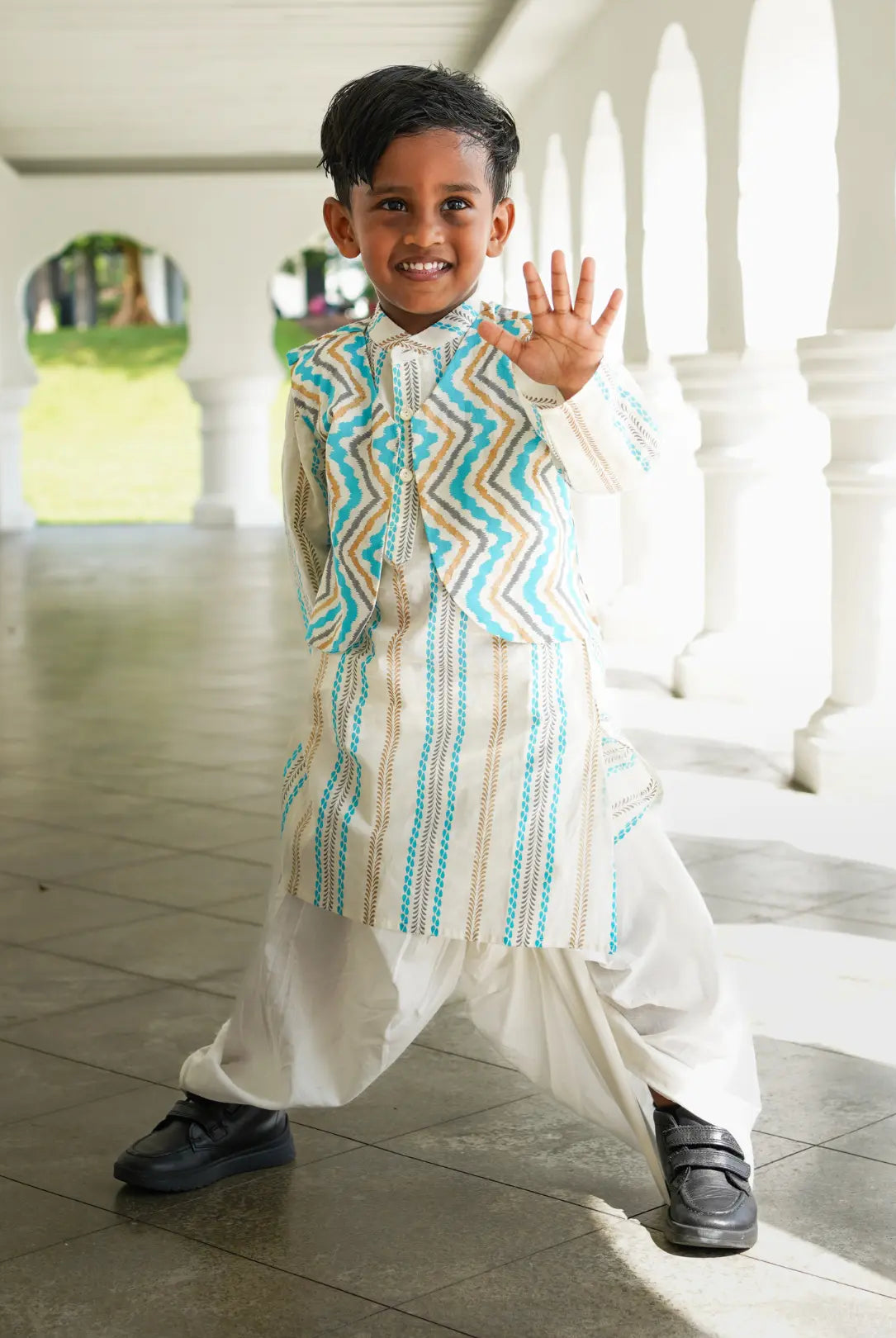 Gul Blue Boys Kurta Dhoti Jacket in Cotton Nimbu