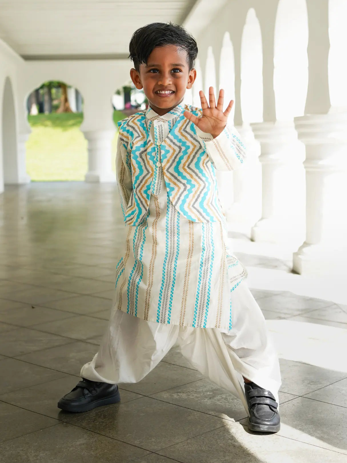 Gul Blue Boys Kurta Dhoti Jacket in Cotton Nimbu