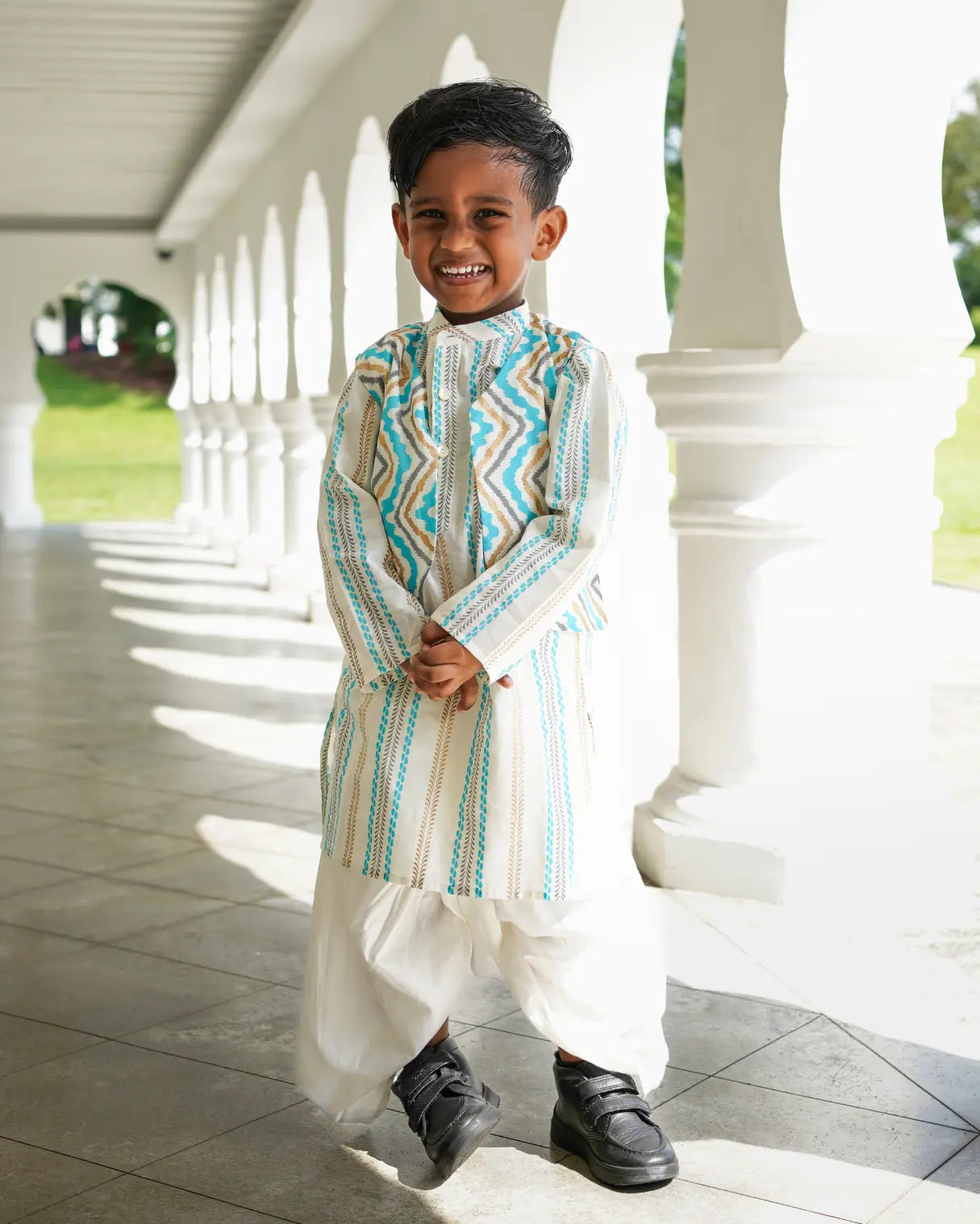 Gul Blue Boys Kurta Dhoti Jacket in Cotton Nimbu