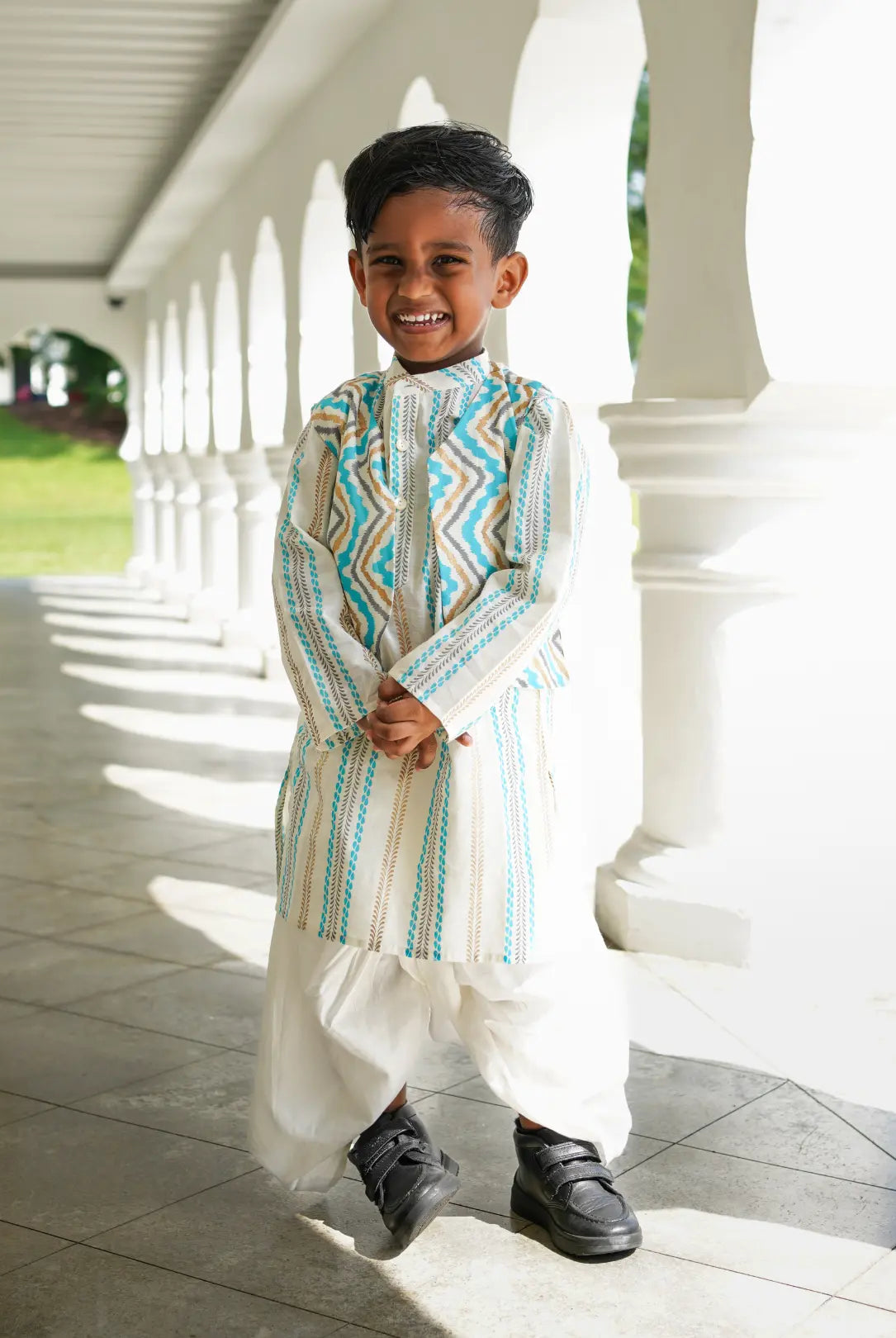 Gul Blue Boys Kurta Dhoti Jacket in Cotton Nimbu