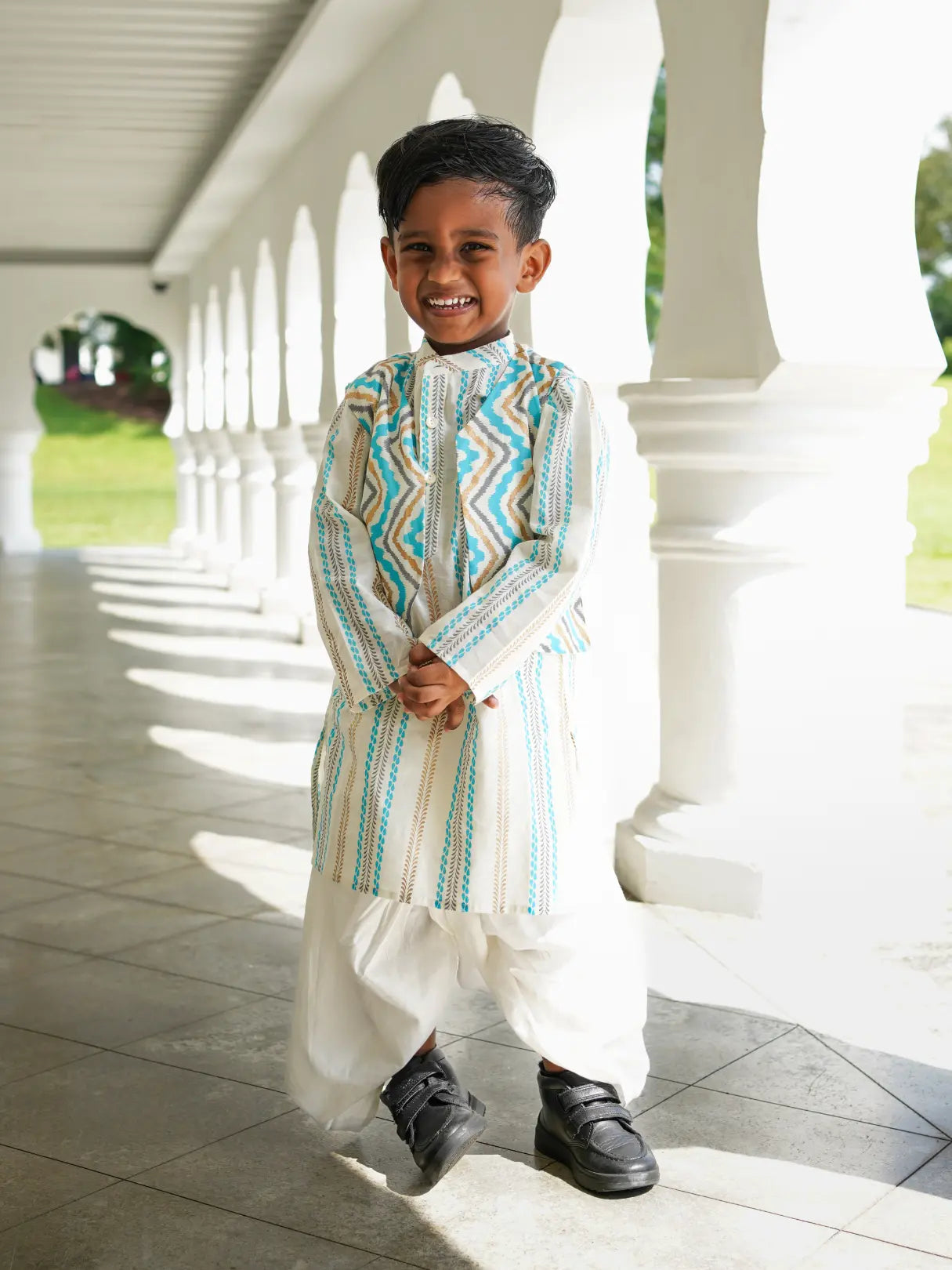 Gul Blue Boys Kurta Dhoti Jacket in Cotton Nimbu