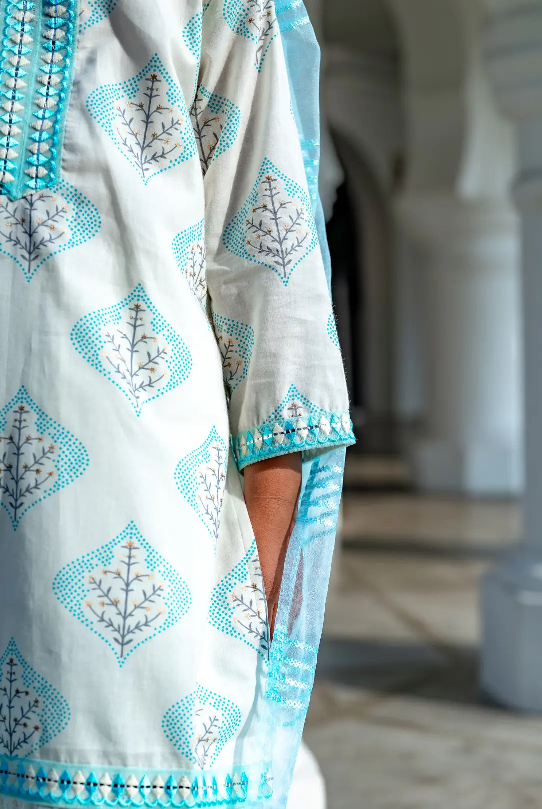 Gul Blue Girls Kurti with Pants Set in Cotton with Net Dupatta Nimbu