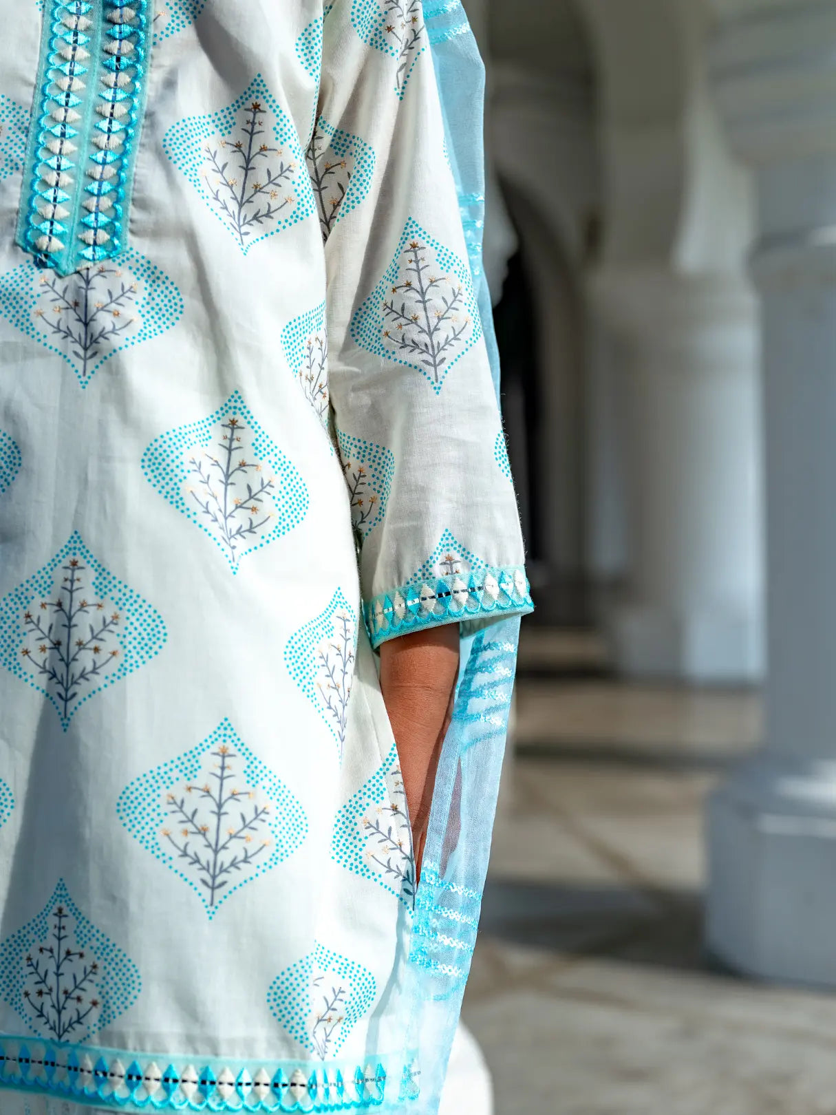 Gul Blue Girls Kurti with Pants Set in Cotton with Net Dupatta Nimbu