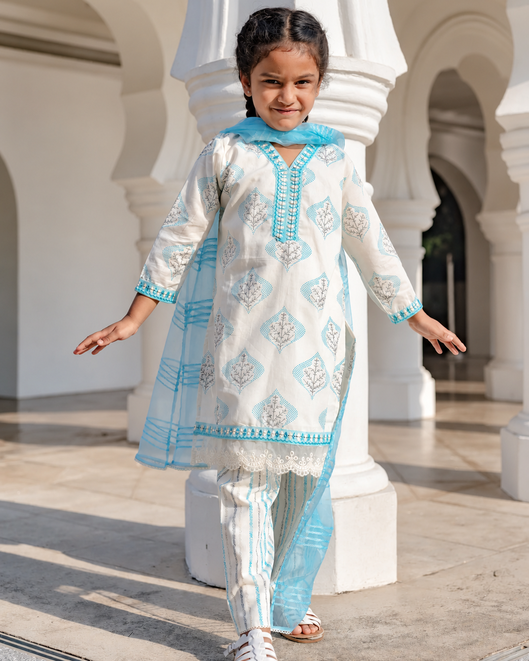 Gul Blue Girls Kurti with Pants Set in Cotton with Net Dupatta Nimbu