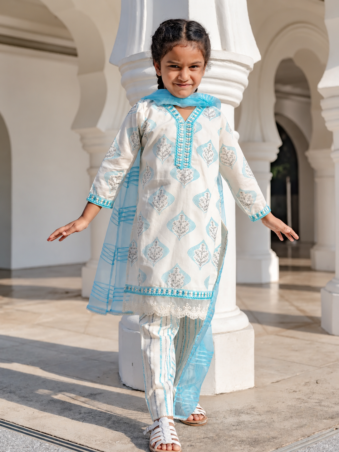 Gul Blue Girls Kurti with Pants Set in Cotton with Net Dupatta Nimbu