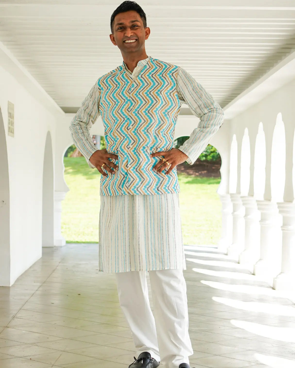 Gul Blue Men's Kurta Pajama Jacket Set in Cotton Nimbu