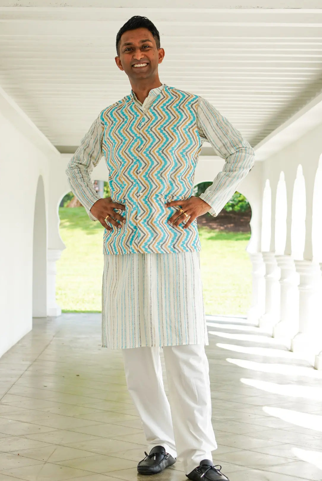 Gul Blue Men's Kurta Pajama Jacket Set in Cotton Nimbu