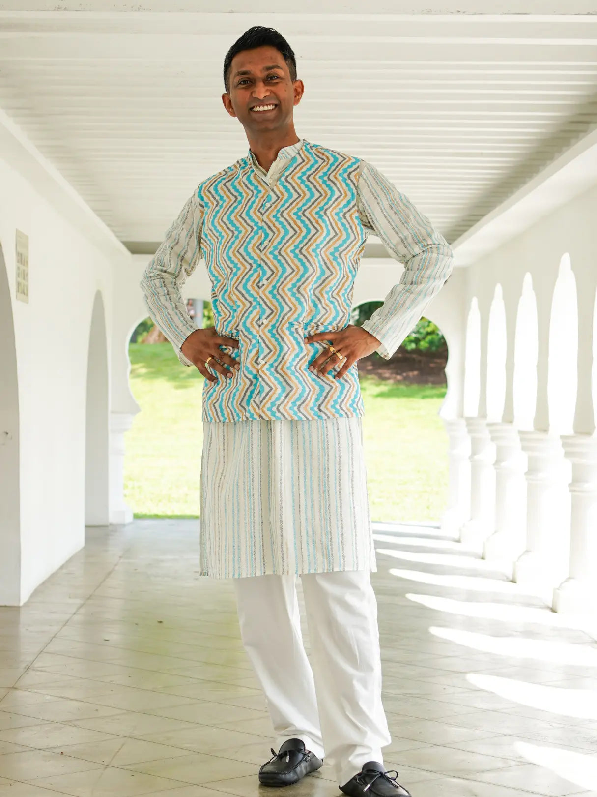 Gul Blue Men's Kurta Pajama Jacket Set in Cotton Nimbu
