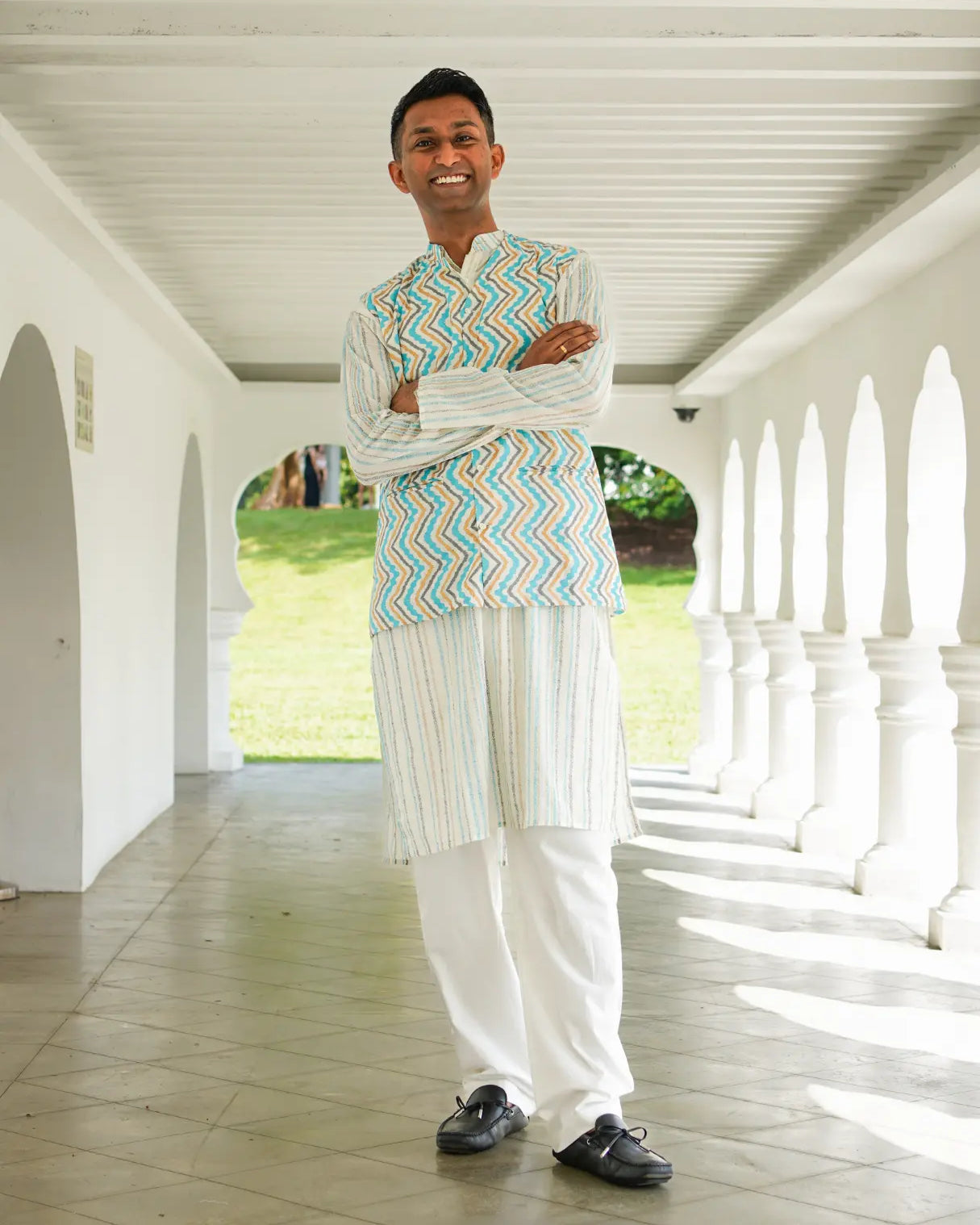 Gul Blue Men's Kurta Pajama Jacket Set in Cotton Nimbu