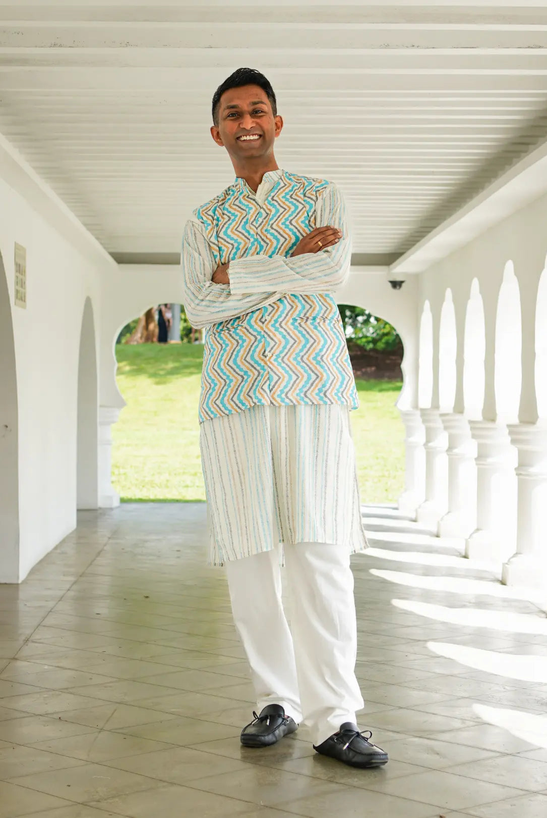 Gul Blue Men's Kurta Pajama Jacket Set in Cotton Nimbu