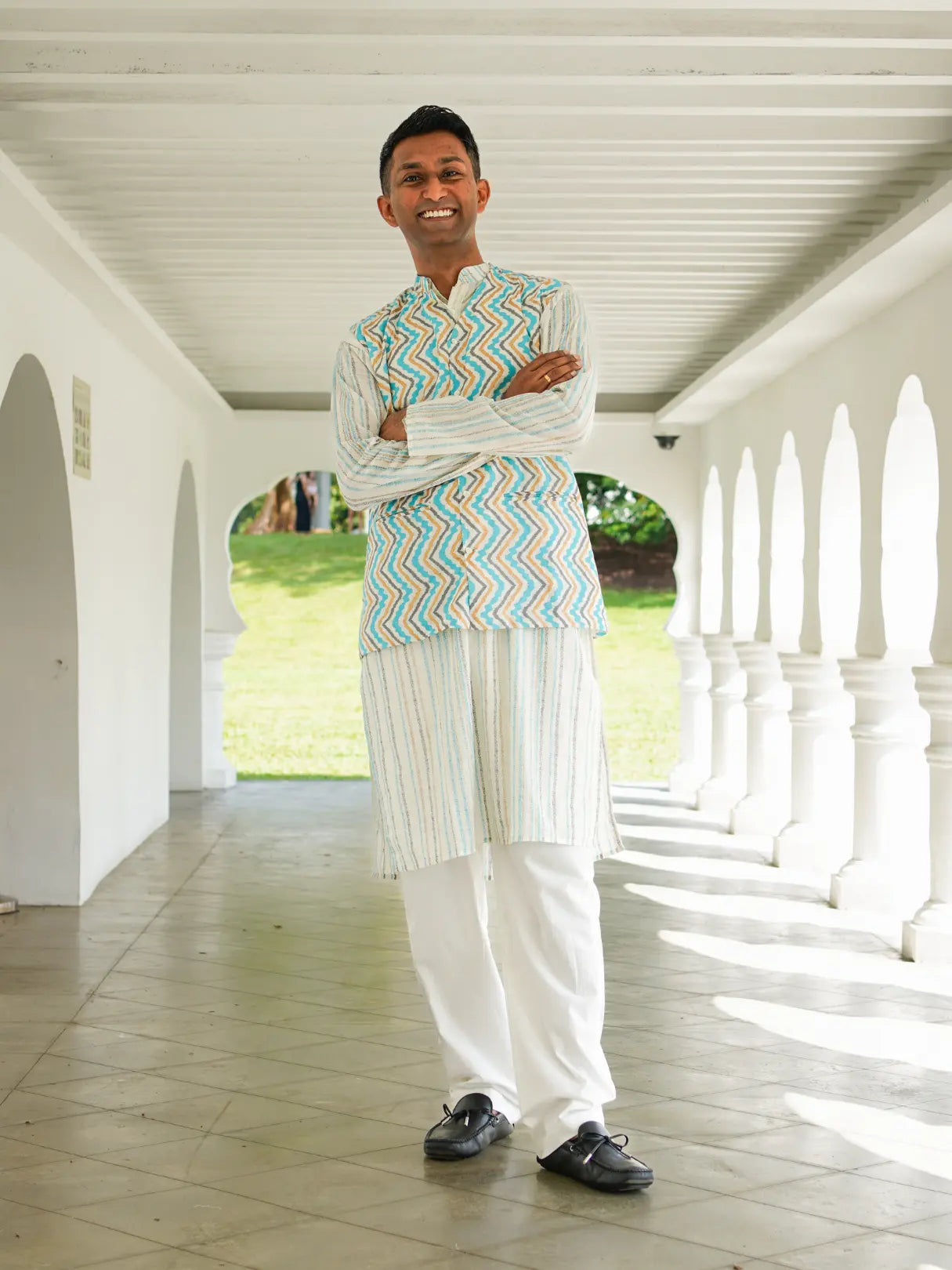 Gul Blue Men's Kurta Pajama Jacket Set in Cotton Nimbu