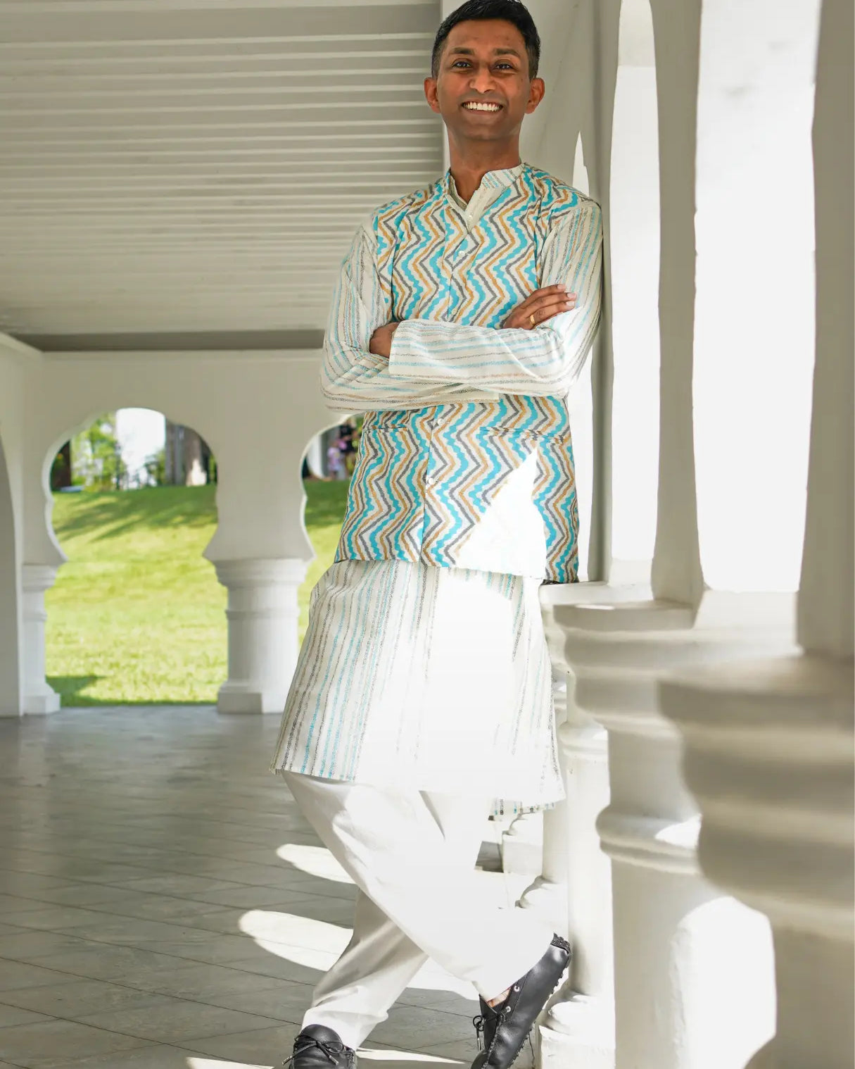 Gul Blue Men's Kurta Pajama Jacket Set in Cotton Nimbu