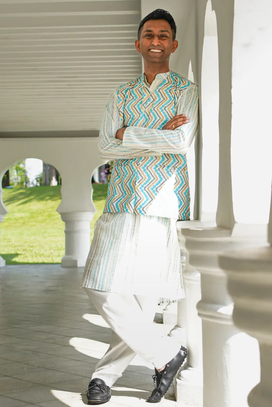 Gul Blue Men's Kurta Pajama Jacket Set in Cotton Nimbu