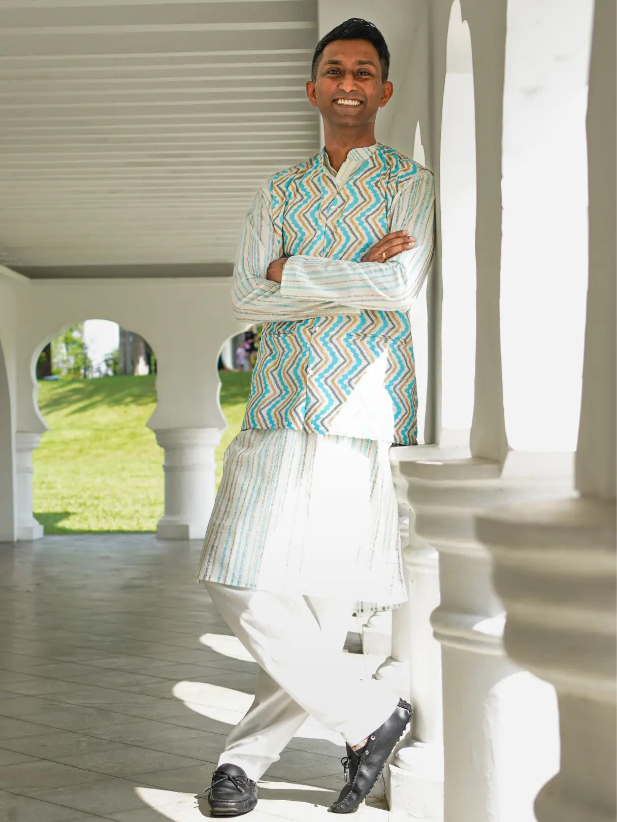 Gul Blue Men's Kurta Pajama Jacket Set in Cotton Nimbu