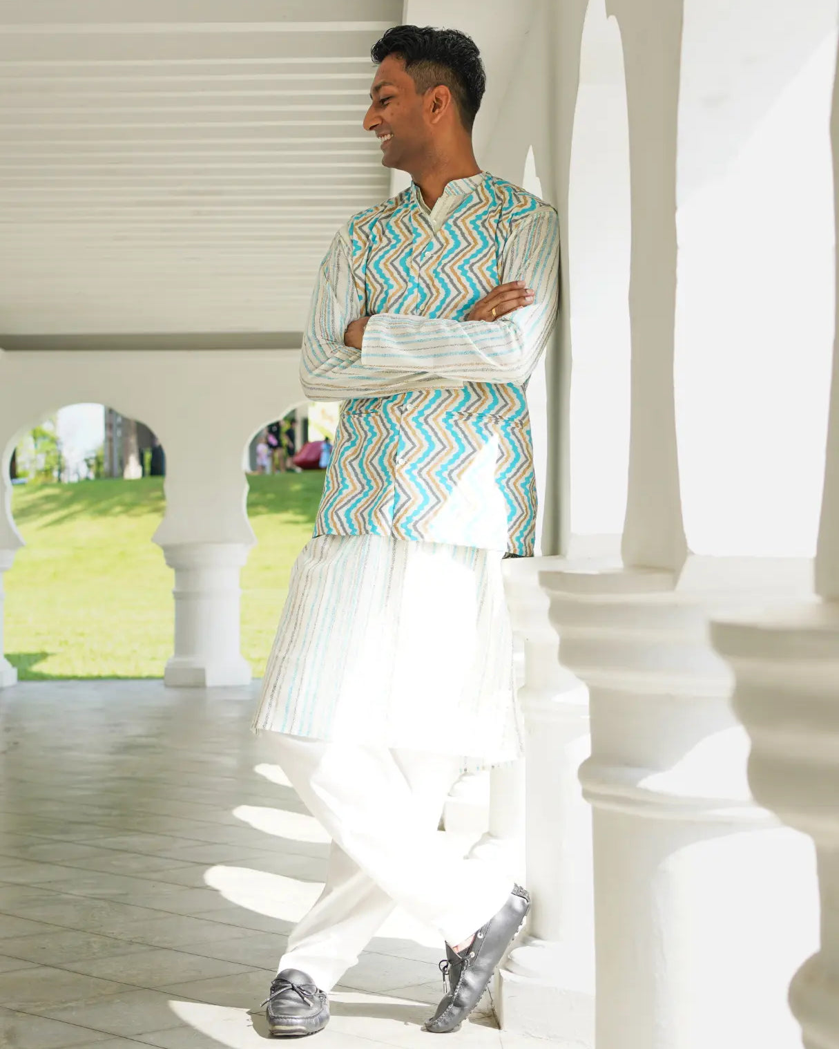 Gul Blue Men's Kurta Pajama Jacket Set in Cotton Nimbu