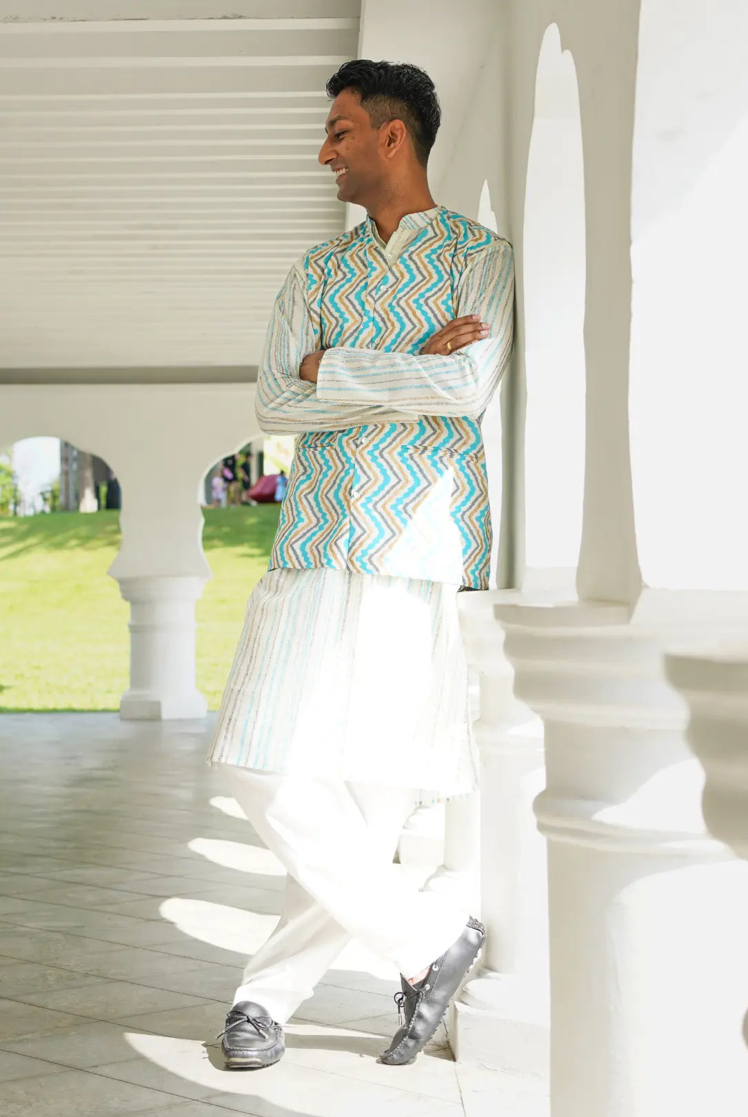 Gul Blue Men's Kurta Pajama Jacket Set in Cotton Nimbu