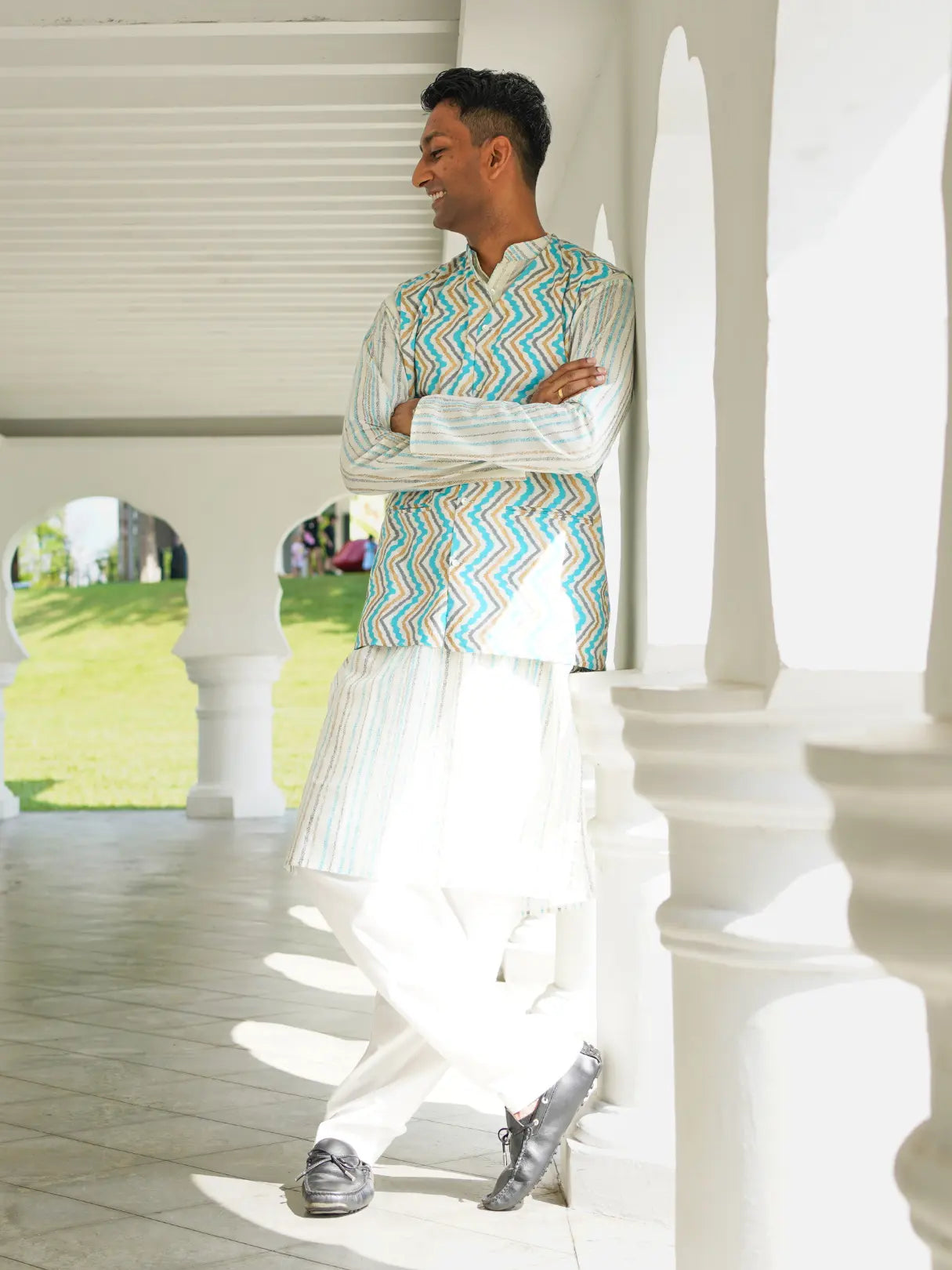 Gul Blue Men's Kurta Pajama Jacket Set in Cotton Nimbu