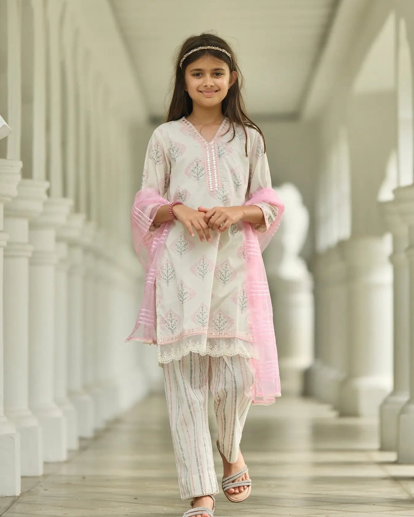 Gul Pink Girls Kurti with Pants Set in Cotton with Net Dupatta Nimbu