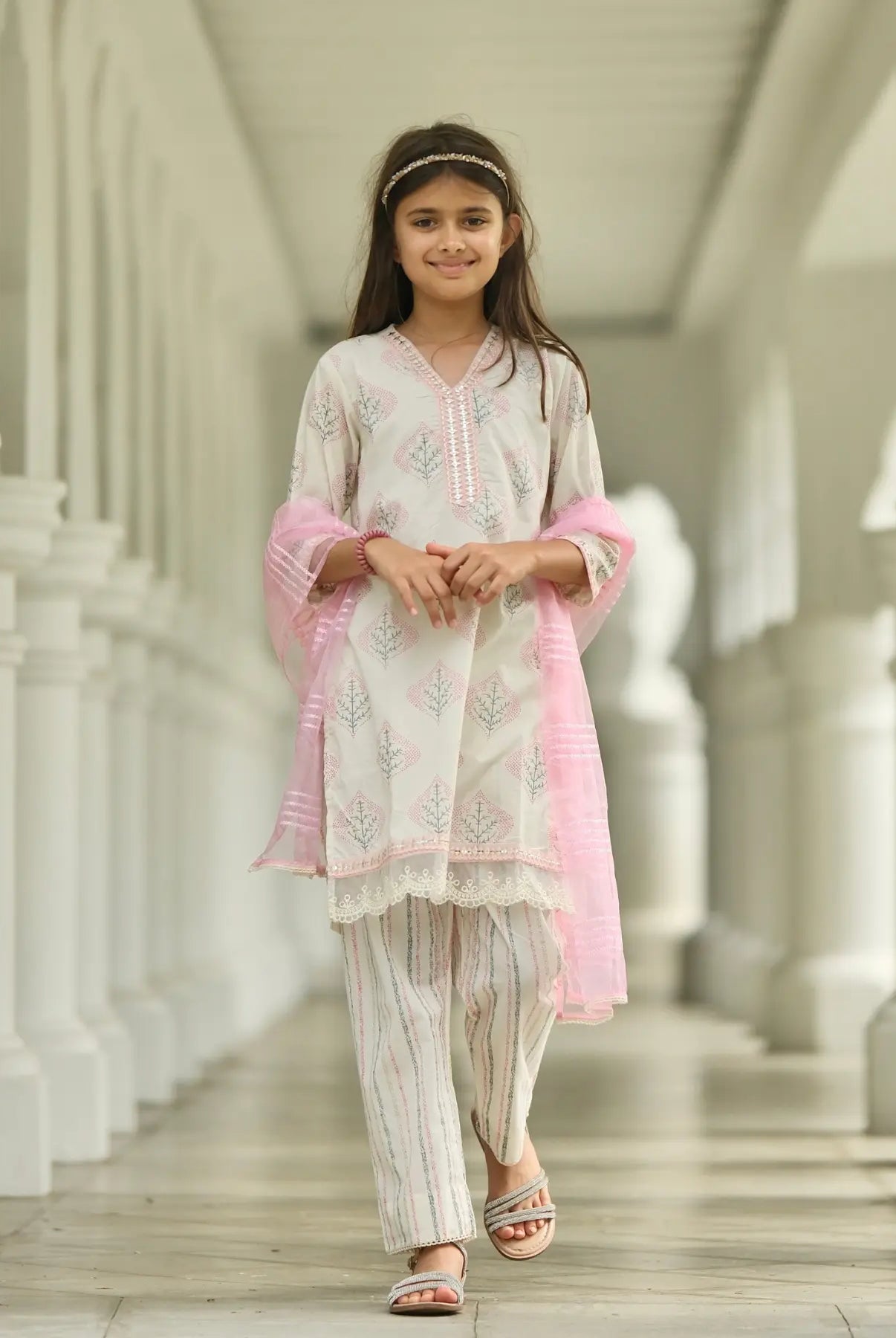 Gul Pink Girls Kurti with Pants Set in Cotton with Net Dupatta Nimbu