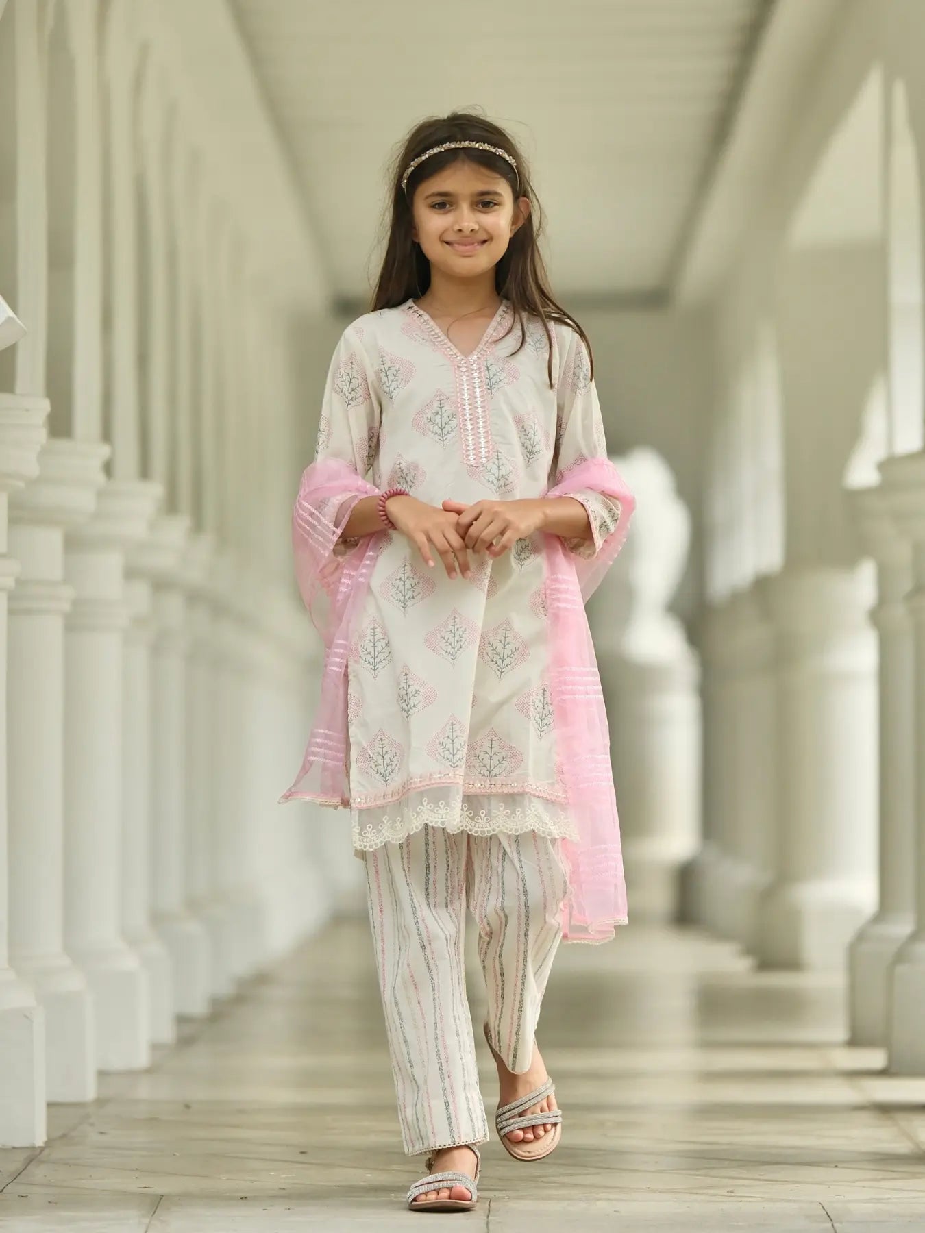Gul Pink Girls Kurti with Pants Set in Cotton with Net Dupatta Nimbu
