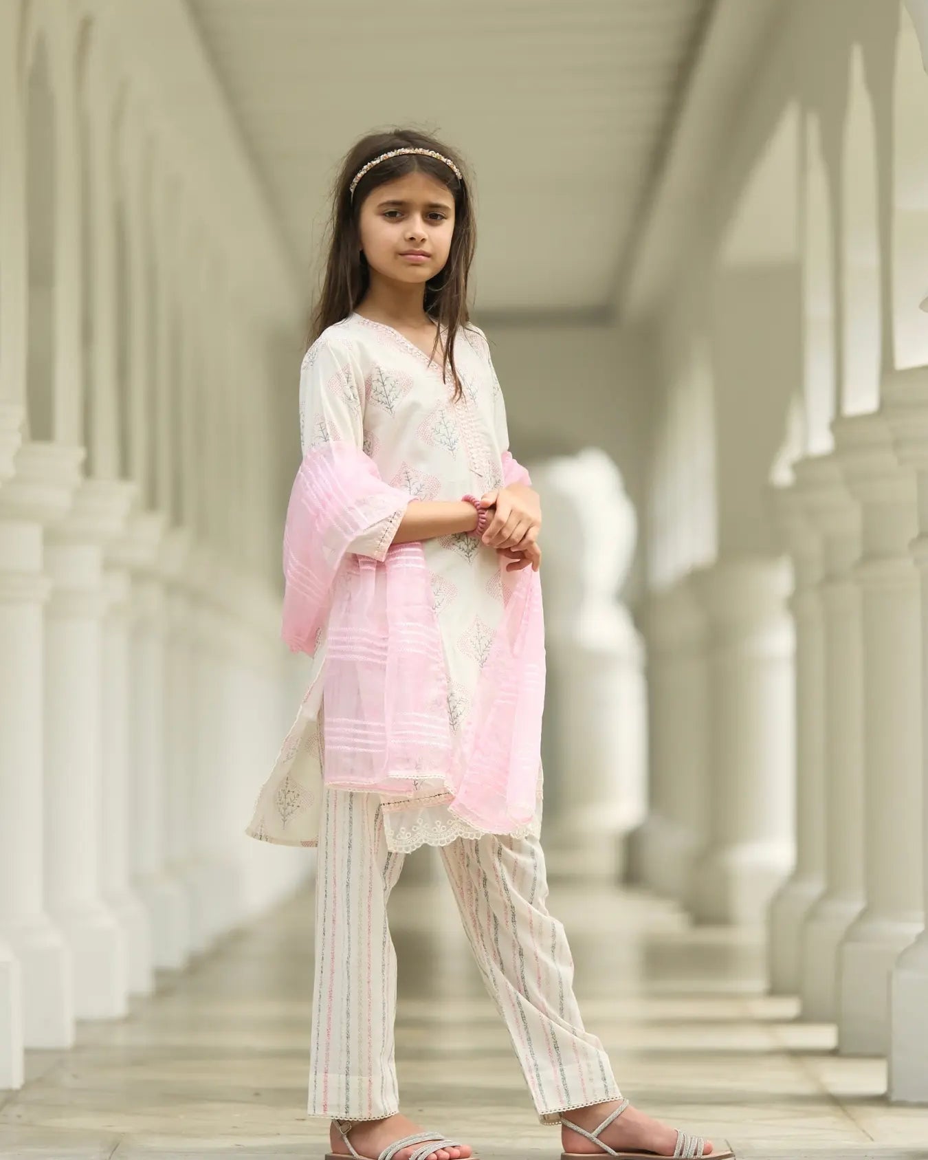 Gul Pink Girls Kurti with Pants Set in Cotton with Net Dupatta Nimbu