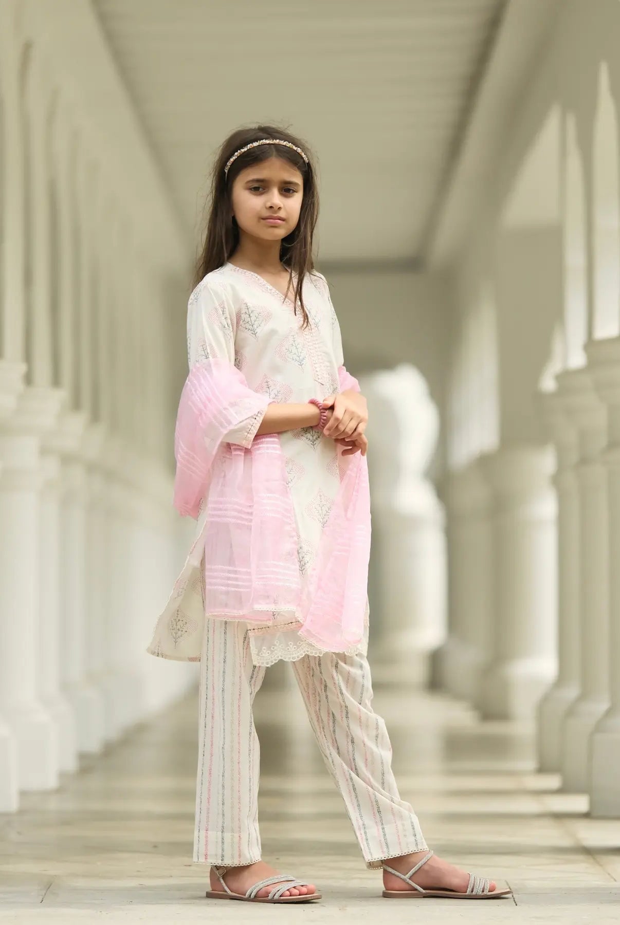 Gul Pink Girls Kurti with Pants Set in Cotton with Net Dupatta Nimbu