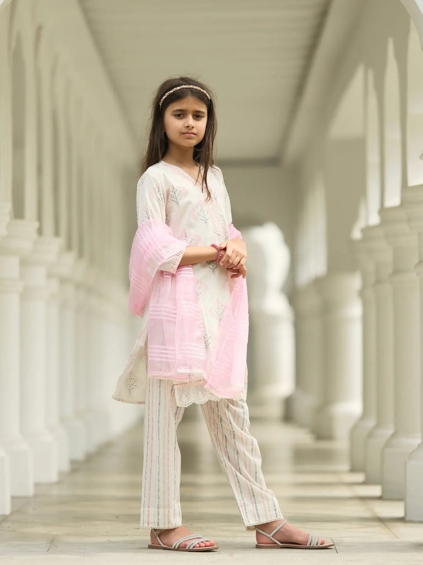 Gul Pink Girls Kurti with Pants Set in Cotton with Net Dupatta Nimbu