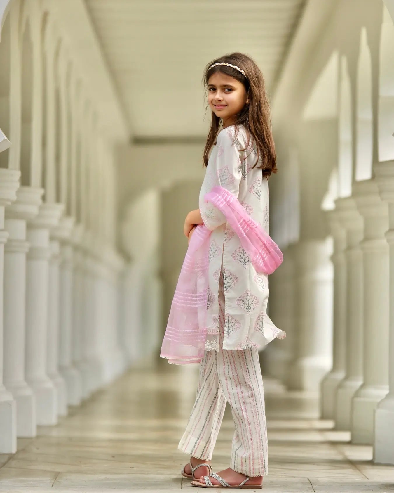 Gul Pink Girls Kurti with Pants Set in Cotton with Net Dupatta Nimbu