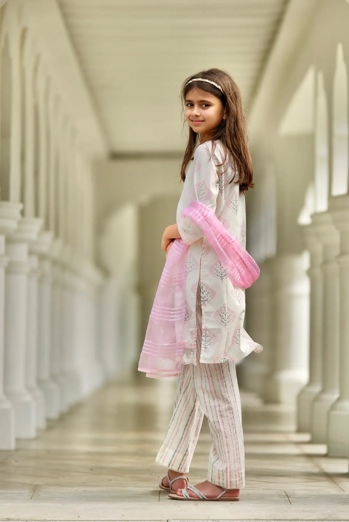 Gul Pink Girls Kurti with Pants Set in Cotton with Net Dupatta Nimbu