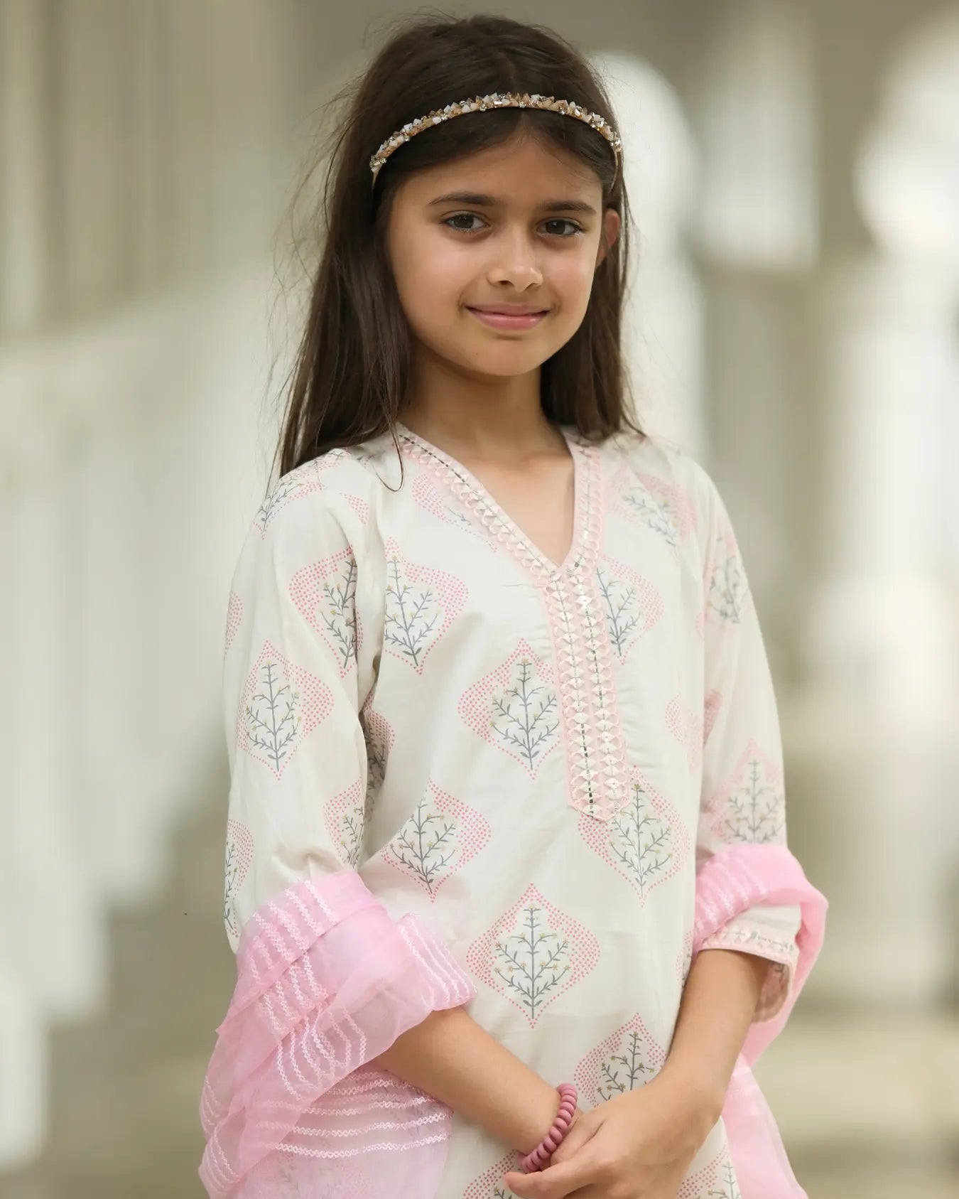 Gul Pink Girls Kurti with Pants Set in Cotton with Net Dupatta Nimbu
