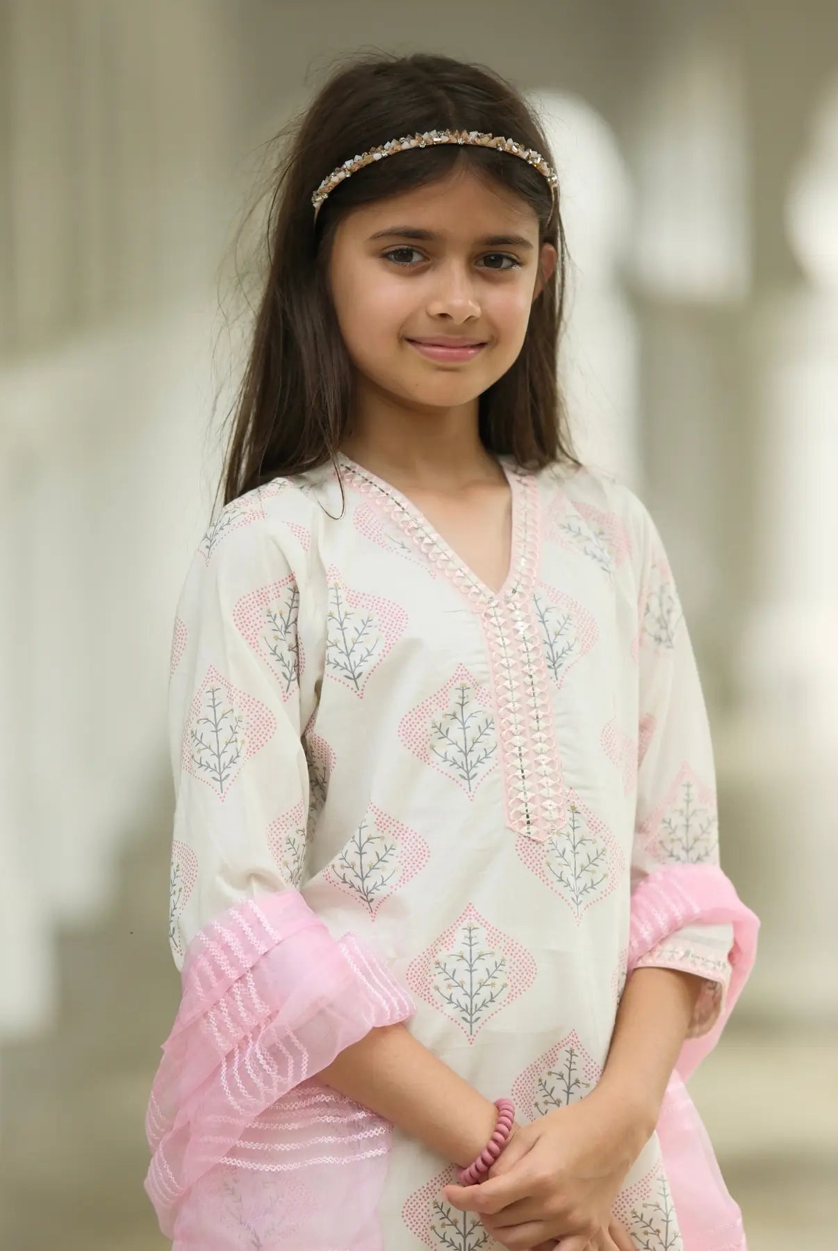 Gul Pink Girls Kurti with Pants Set in Cotton with Net Dupatta Nimbu