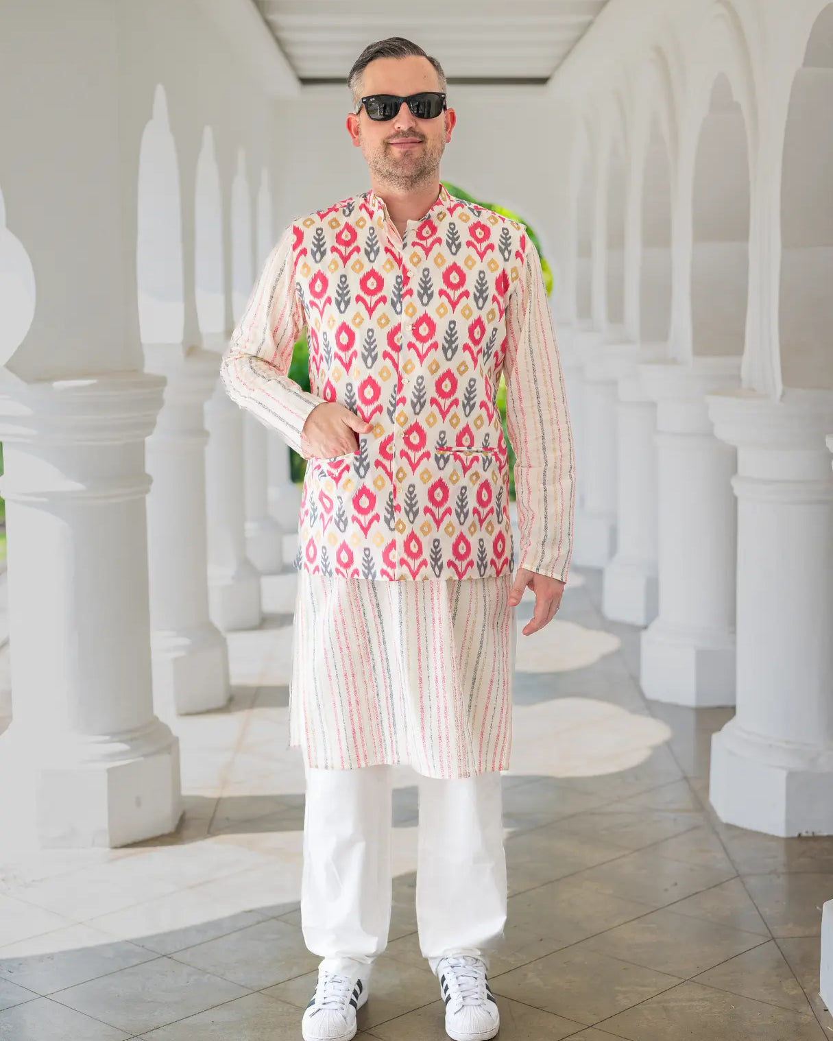 Gul Pink Men's Kurta Pajama Jacket Set in Cotton Nimbu