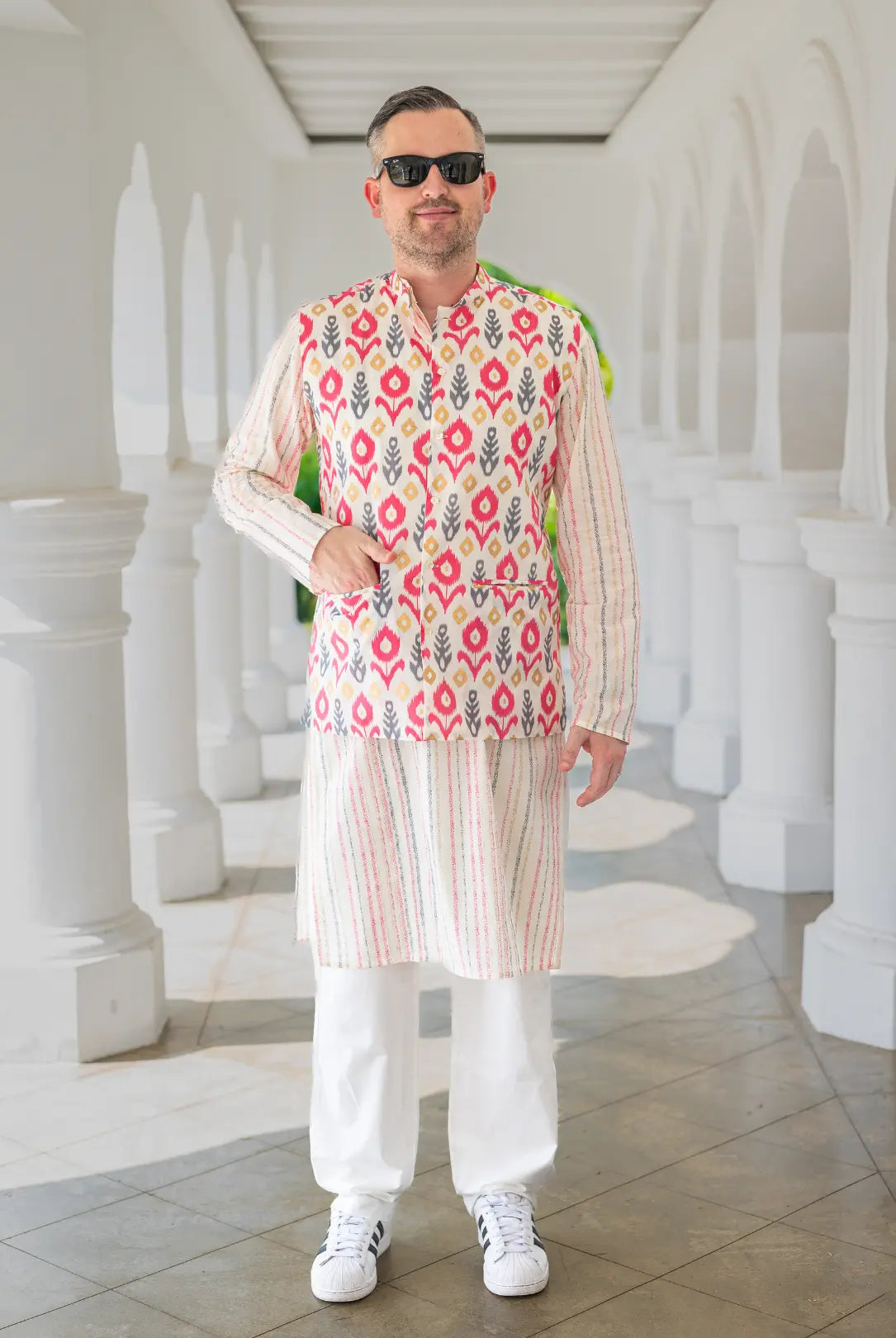 Gul Pink Men's Kurta Pajama Jacket Set in Cotton Nimbu