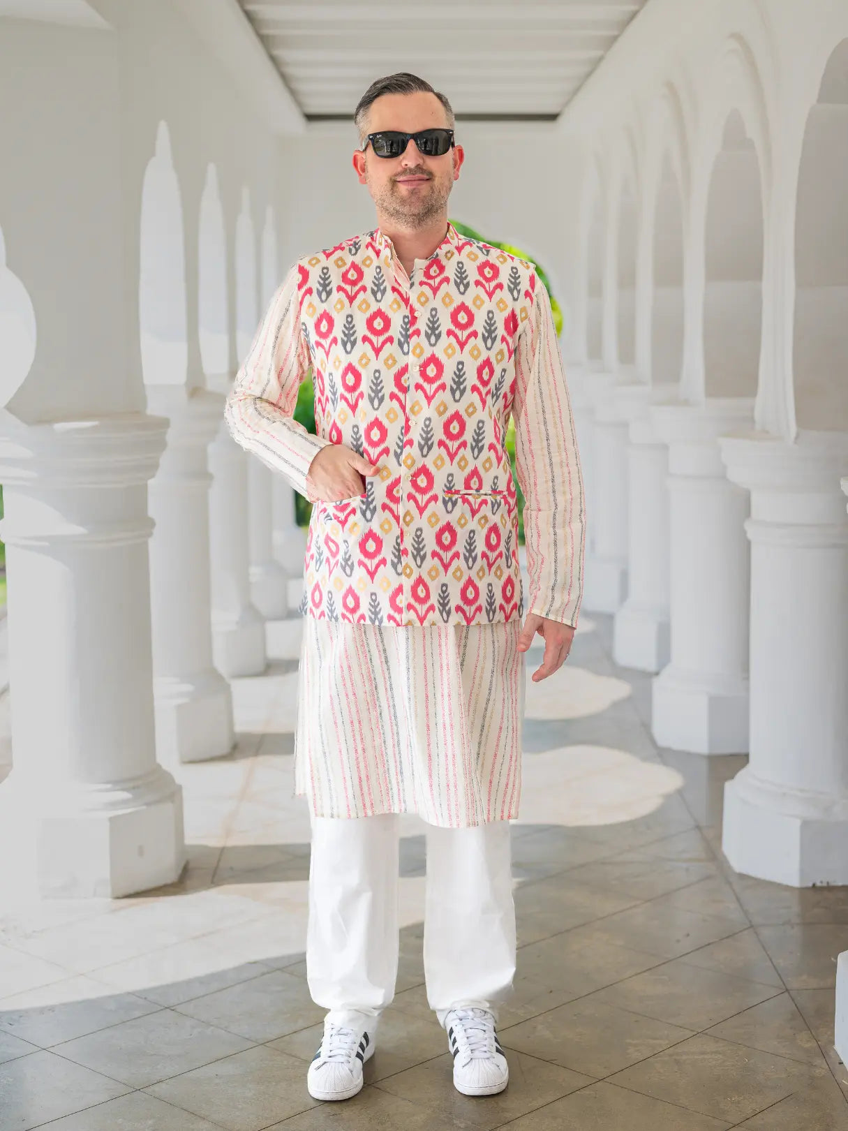 Gul Pink Men's Kurta Pajama Jacket Set in Cotton Nimbu