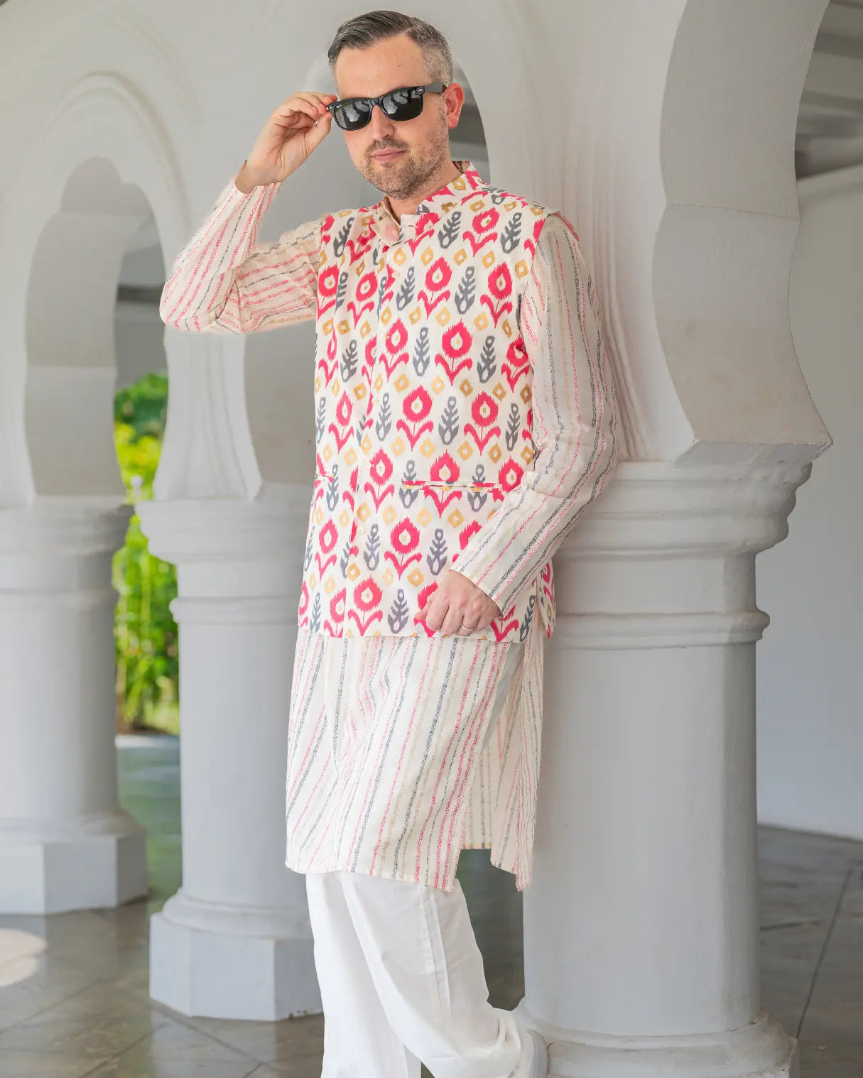 Gul Pink Men's Kurta Pajama Jacket Set in Cotton Nimbu