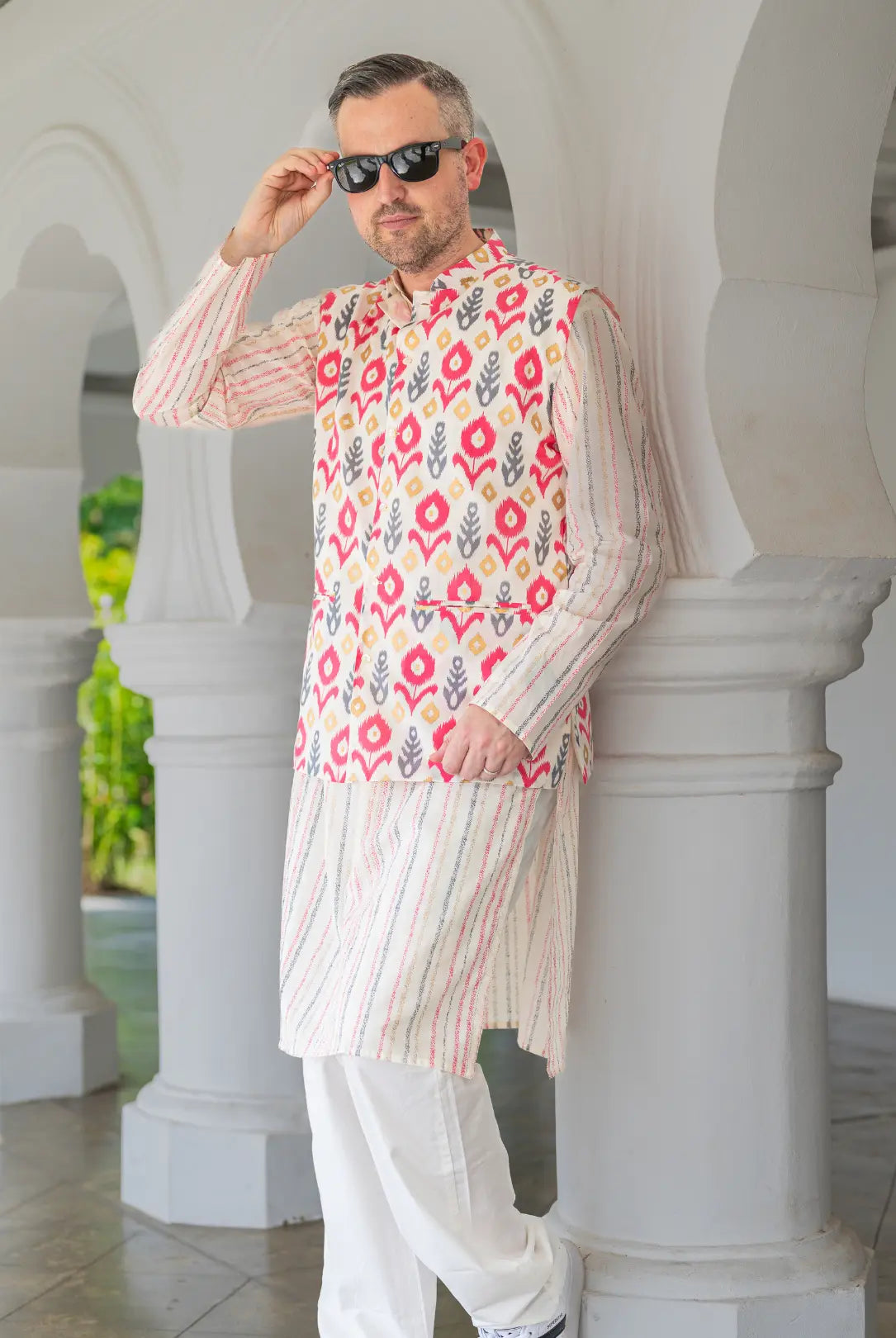 Gul Pink Men's Kurta Pajama Jacket Set in Cotton Nimbu