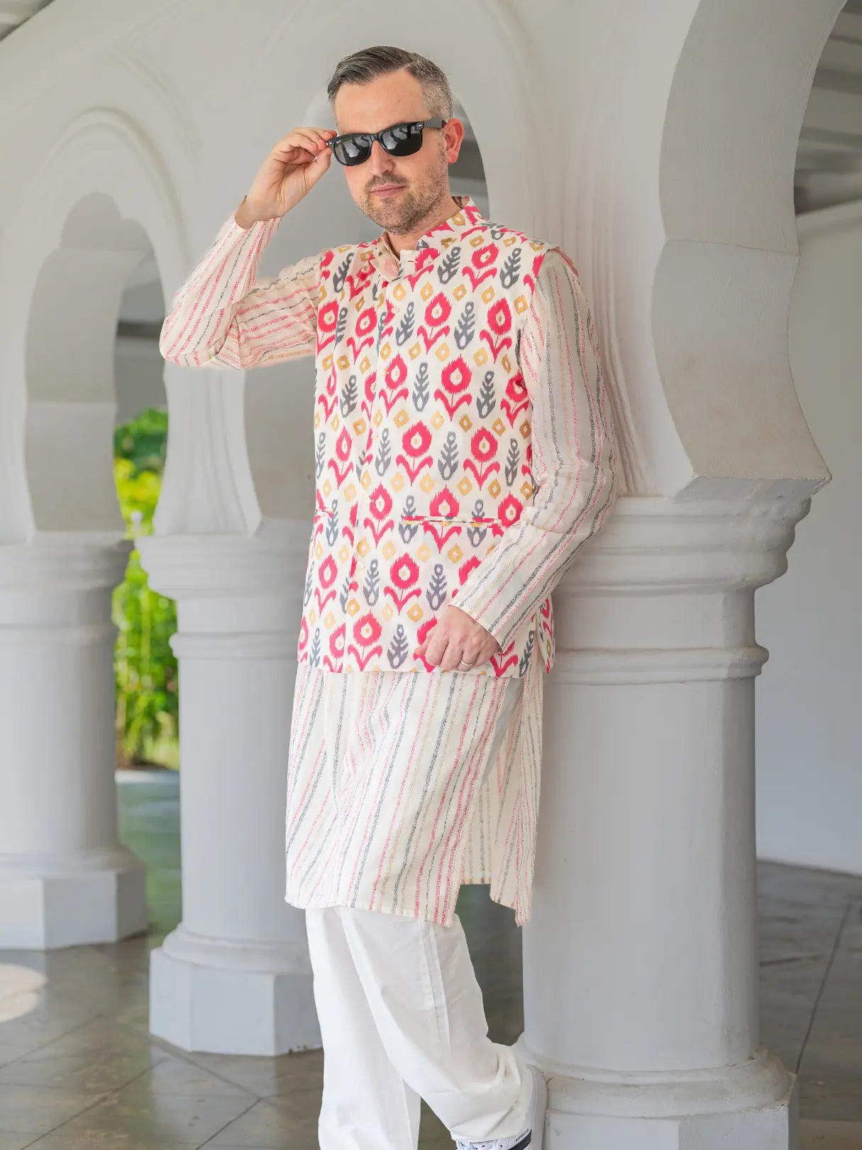Gul Pink Men's Kurta Pajama Jacket Set in Cotton Nimbu