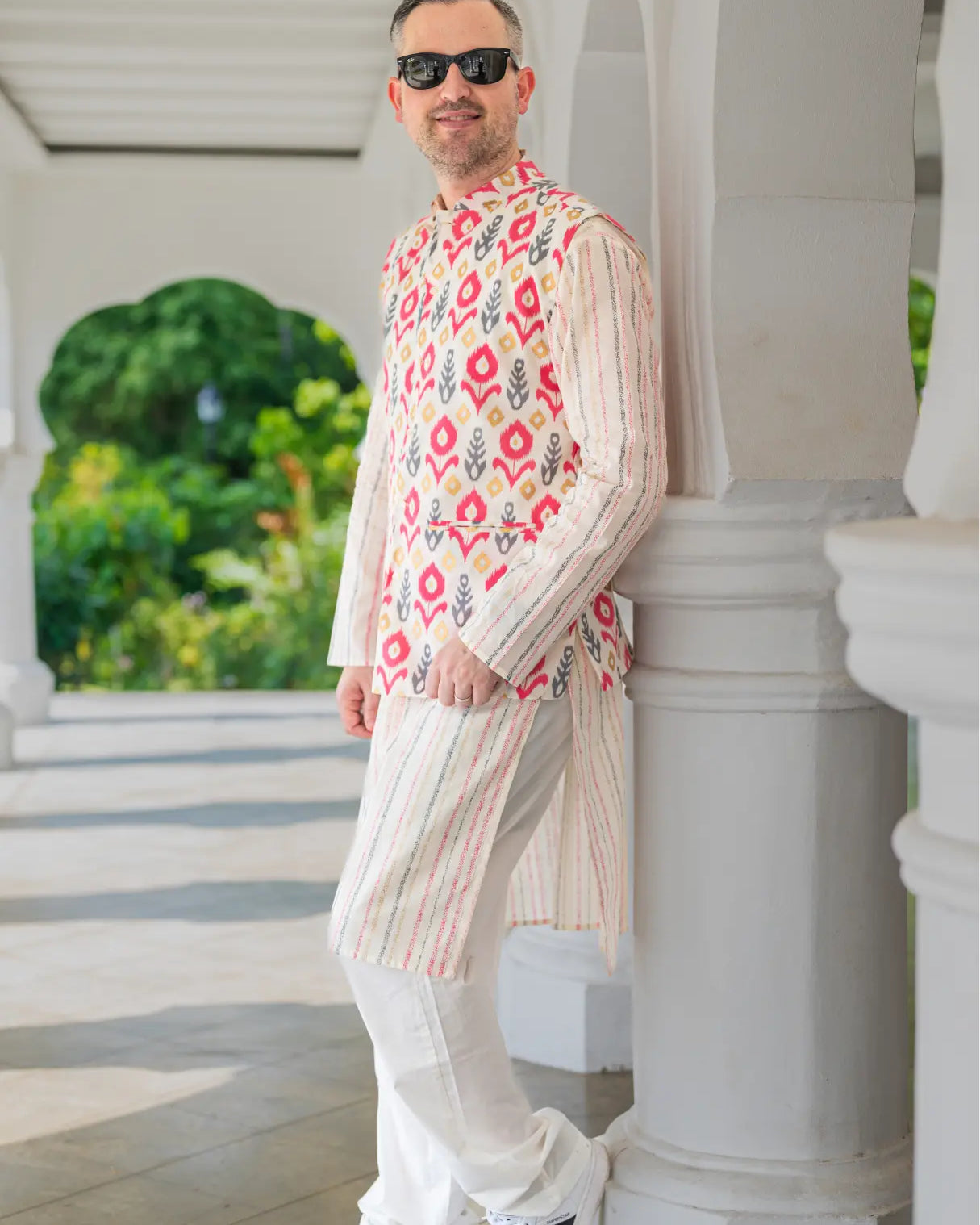 Gul Pink Men's Kurta Pajama Jacket Set in Cotton Nimbu