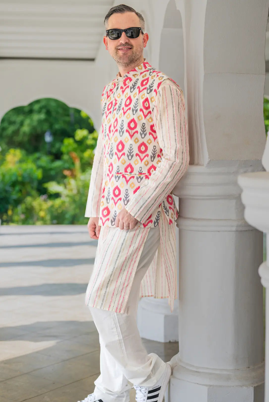 Gul Pink Men's Kurta Pajama Jacket Set in Cotton Nimbu